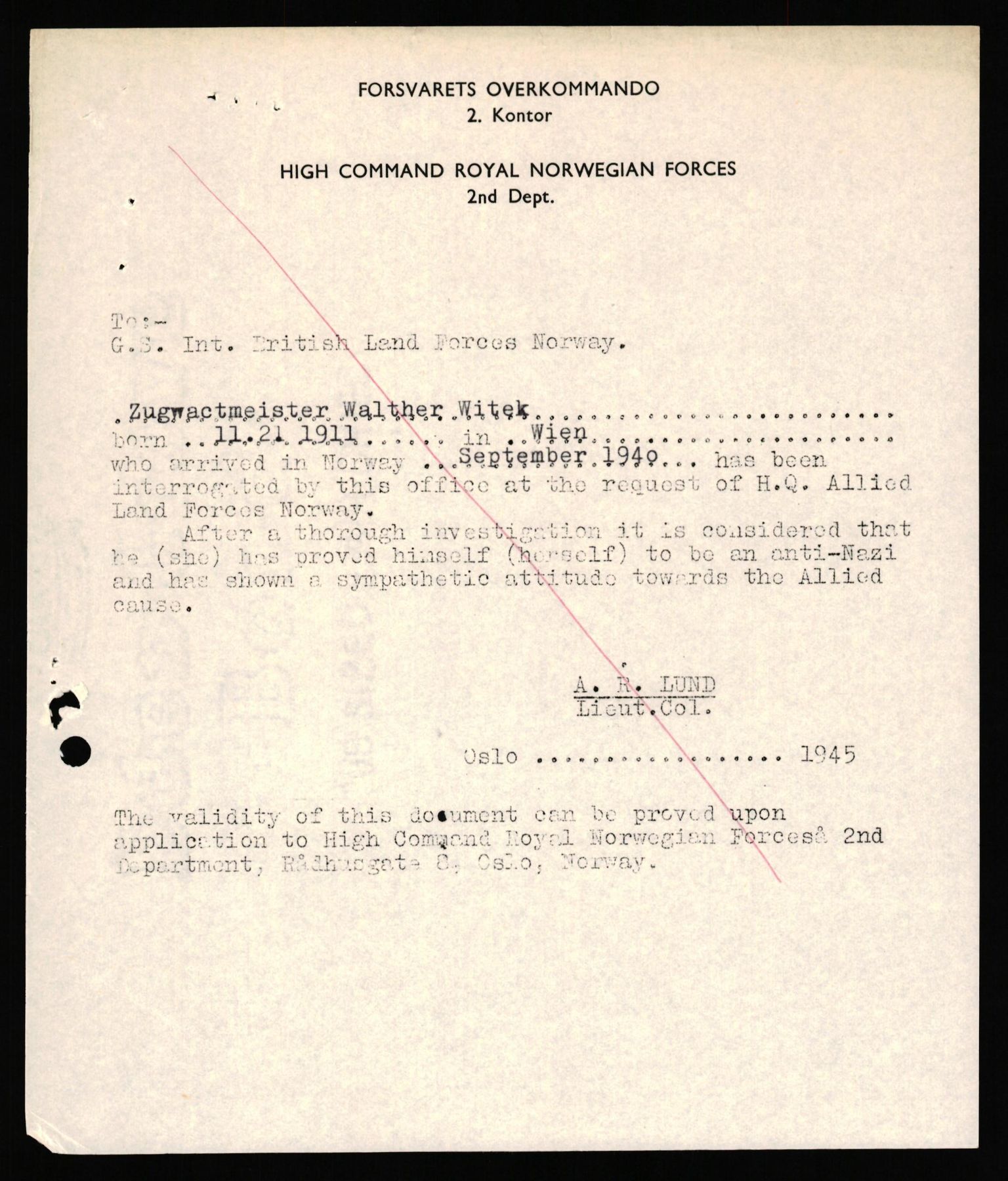 Forsvaret, Forsvarets overkommando II, AV/RA-RAFA-3915/D/Db/L0040: CI Questionaires. Tyske okkupasjonsstyrker i Norge. Østerrikere., 1945-1946, p. 430