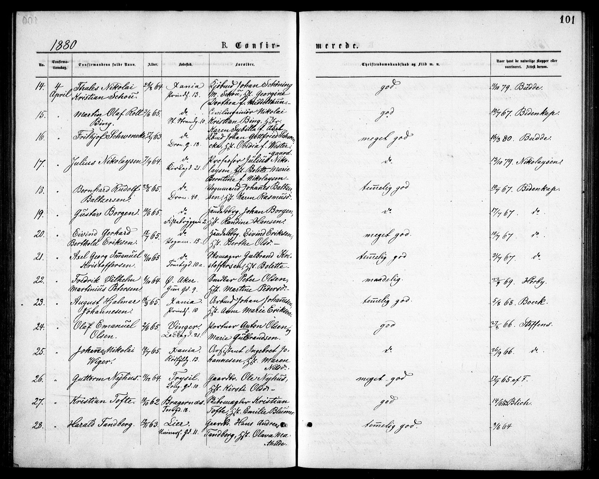 Oslo domkirke Kirkebøker, AV/SAO-A-10752/F/Fa/L0018: Parish register (official) no. 18, 1872-1886, p. 101