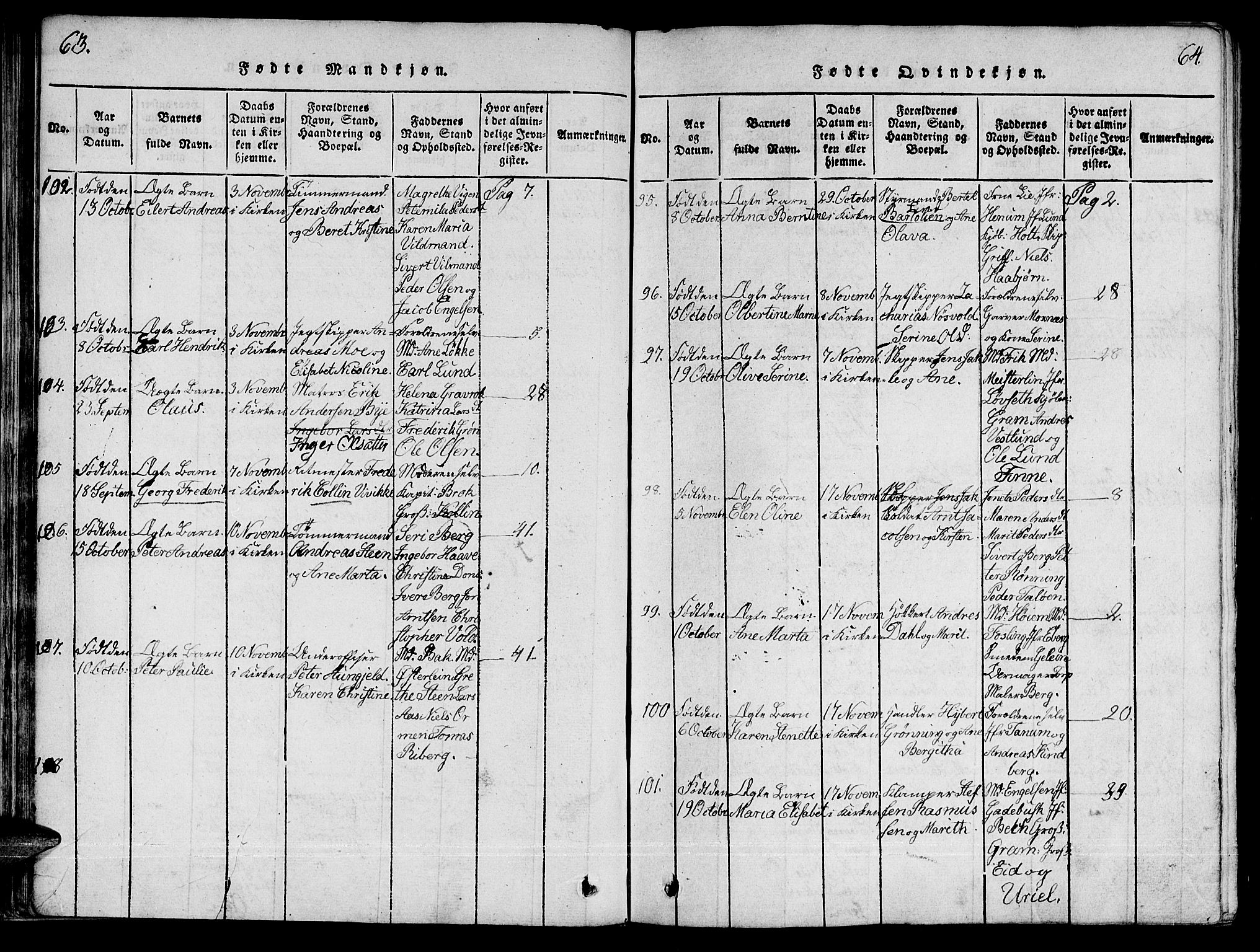 Ministerialprotokoller, klokkerbøker og fødselsregistre - Sør-Trøndelag, SAT/A-1456/601/L0043: Parish register (official) no. 601A11, 1815-1821, p. 63-64