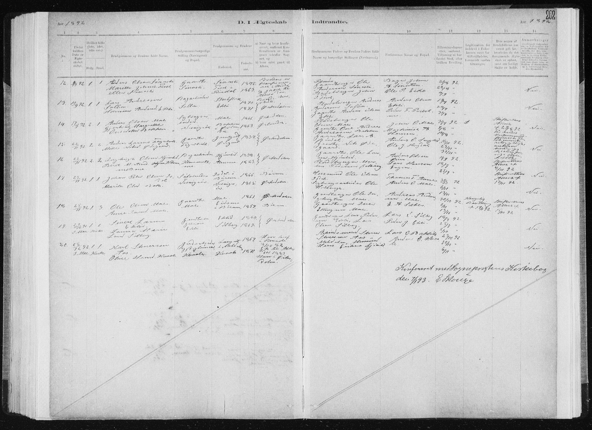 Ministerialprotokoller, klokkerbøker og fødselsregistre - Sør-Trøndelag, AV/SAT-A-1456/668/L0818: Parish register (copy) no. 668C07, 1885-1898, p. 262