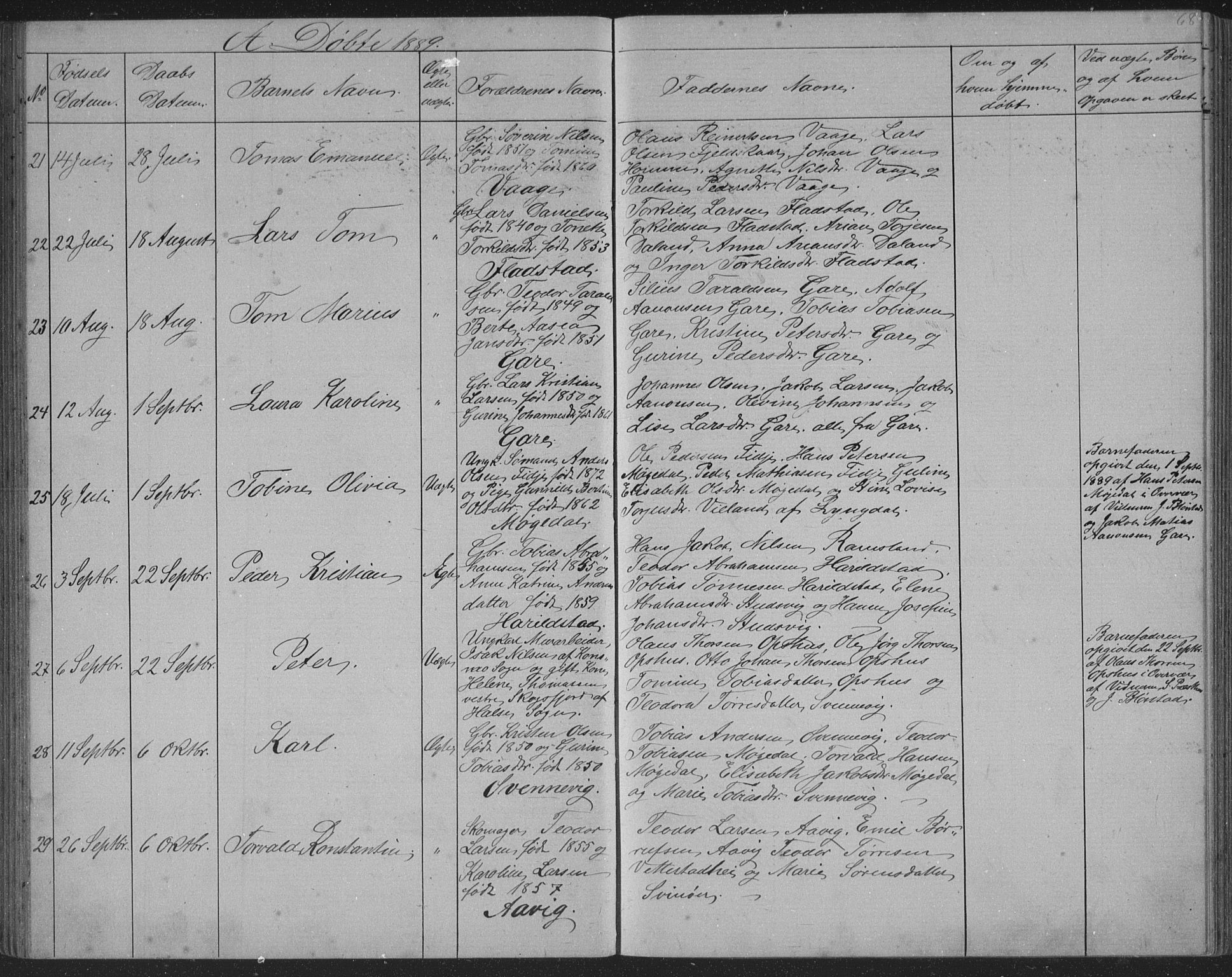 Sør-Audnedal sokneprestkontor, AV/SAK-1111-0039/F/Fb/Fba/L0003: Parish register (copy) no. B 3, 1879-1893, p. 68