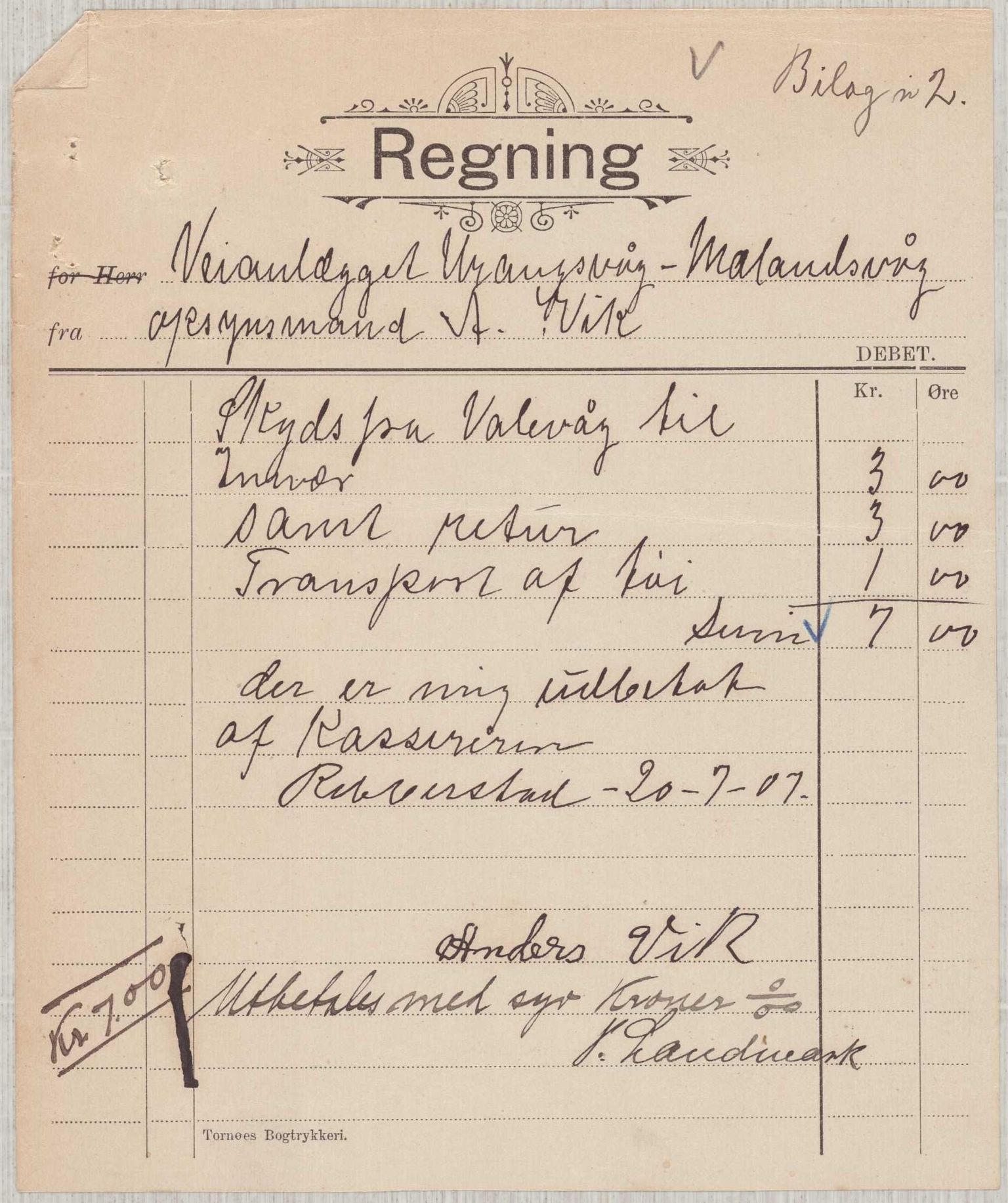 Finnaas kommune. Formannskapet, IKAH/1218a-021/E/Ea/L0002/0005: Rekneskap for veganlegg / Rekneskap for veganlegget Urangsvåg - Mælandsvåg, 1907-1909, p. 12