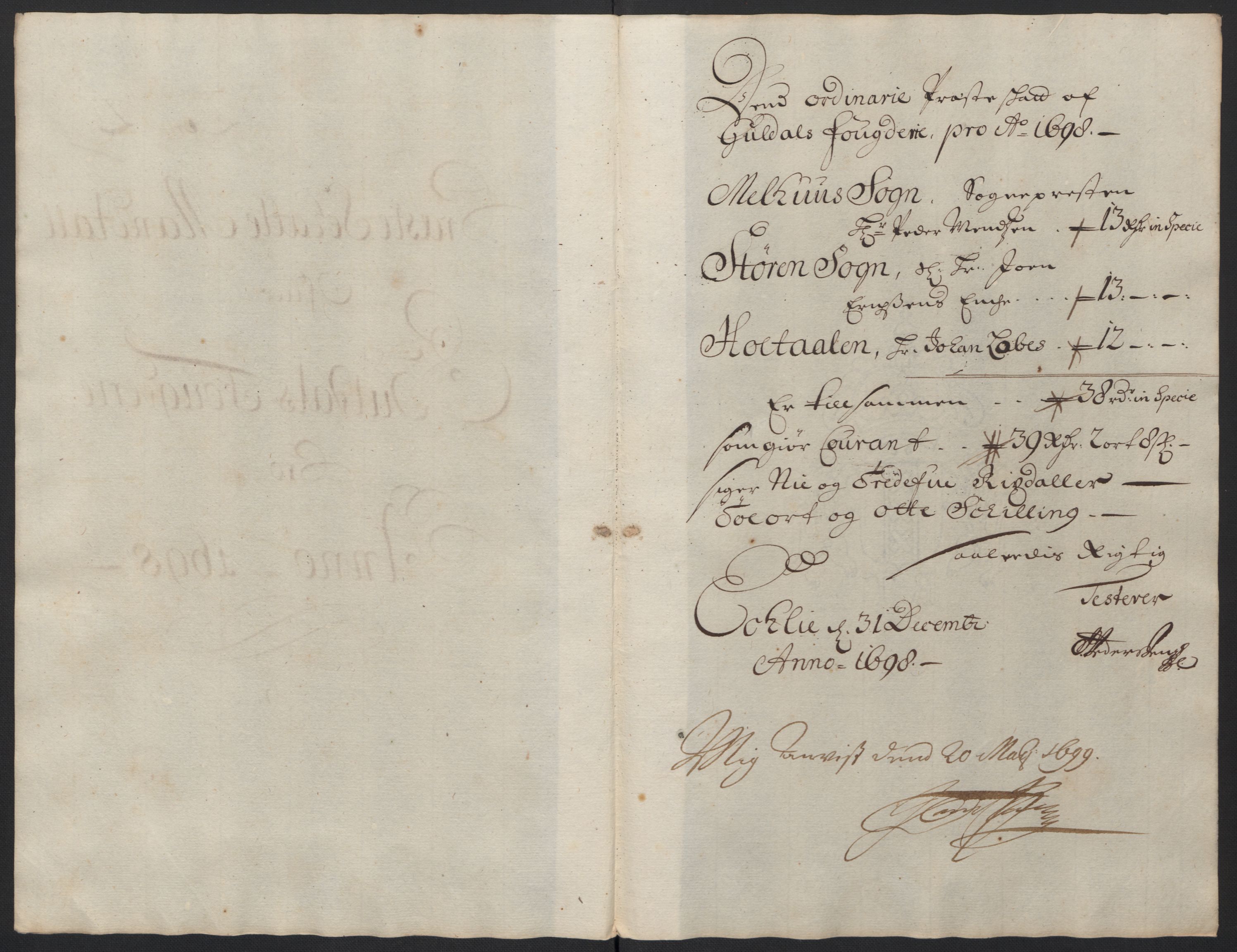 Rentekammeret inntil 1814, Reviderte regnskaper, Fogderegnskap, AV/RA-EA-4092/R60/L3948: Fogderegnskap Orkdal og Gauldal, 1698, p. 384