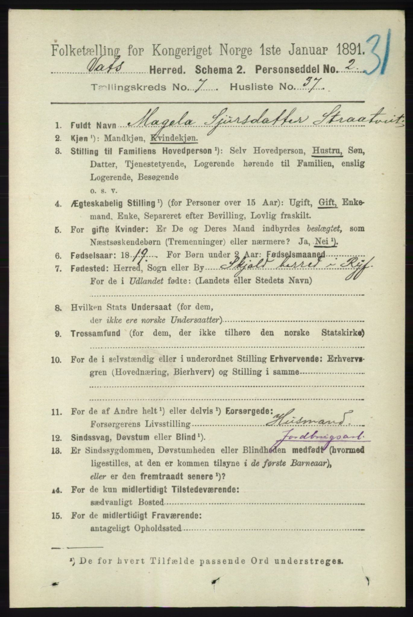 RA, 1891 census for 1155 Vats, 1891, p. 1288