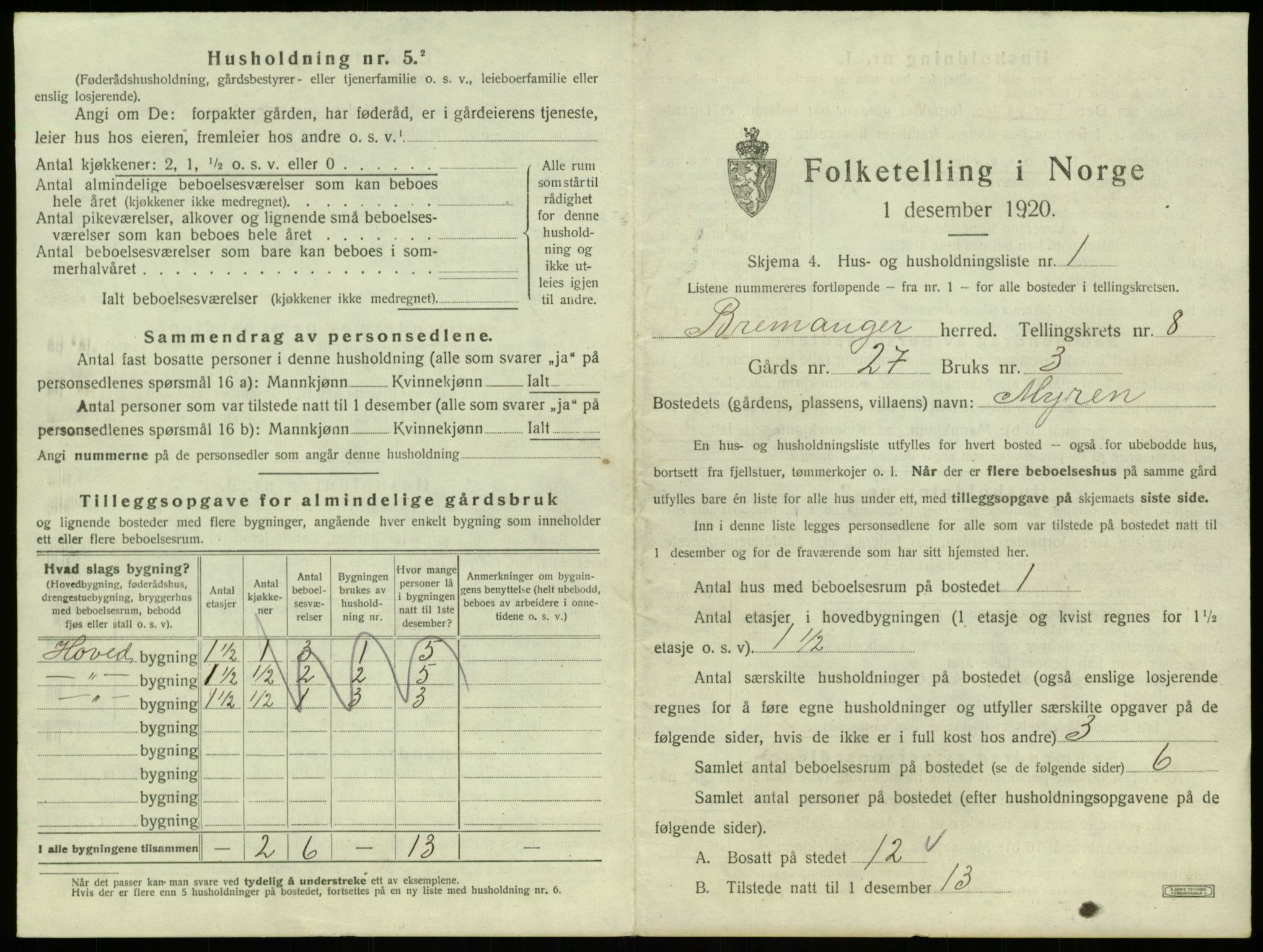 SAB, 1920 census for Bremanger, 1920, p. 622