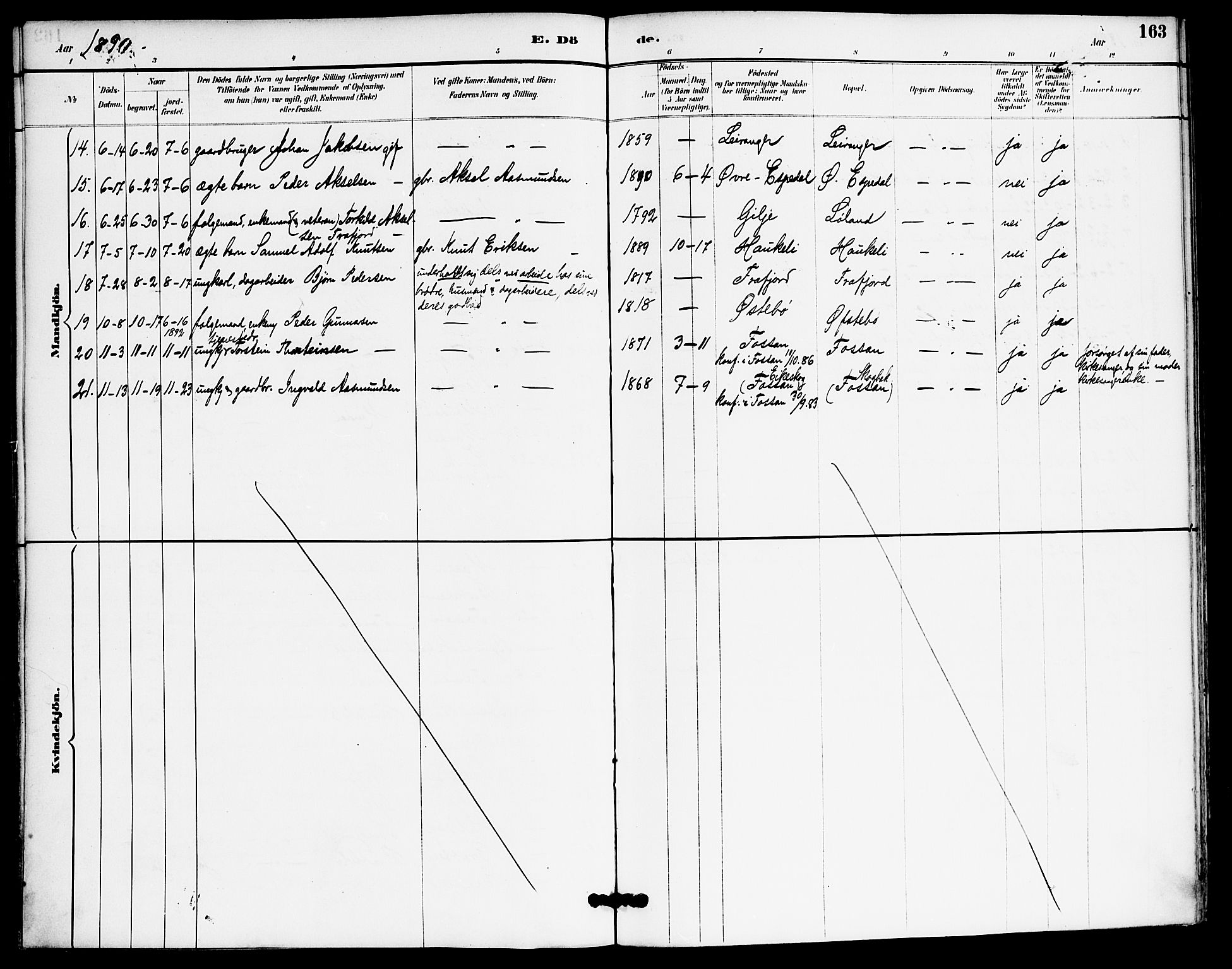 Høgsfjord sokneprestkontor, AV/SAST-A-101624/H/Ha/Haa/L0006: Parish register (official) no. A 6, 1885-1897, p. 163