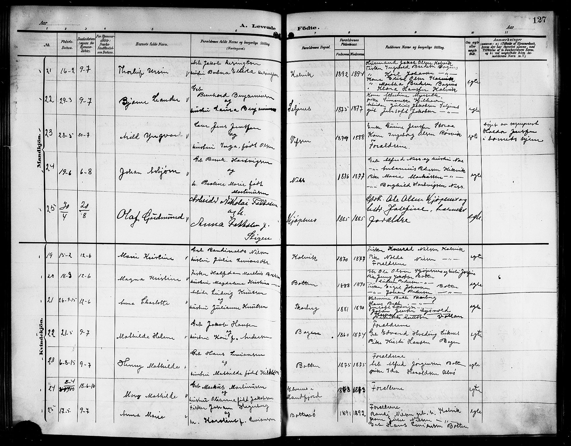 Ministerialprotokoller, klokkerbøker og fødselsregistre - Nordland, AV/SAT-A-1459/861/L0877: Parish register (copy) no. 861C03, 1903-1919, p. 127