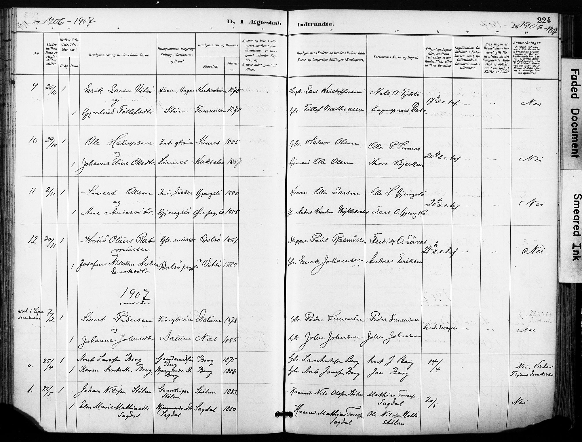 Ministerialprotokoller, klokkerbøker og fødselsregistre - Sør-Trøndelag, SAT/A-1456/630/L0497: Parish register (official) no. 630A10, 1896-1910, p. 224