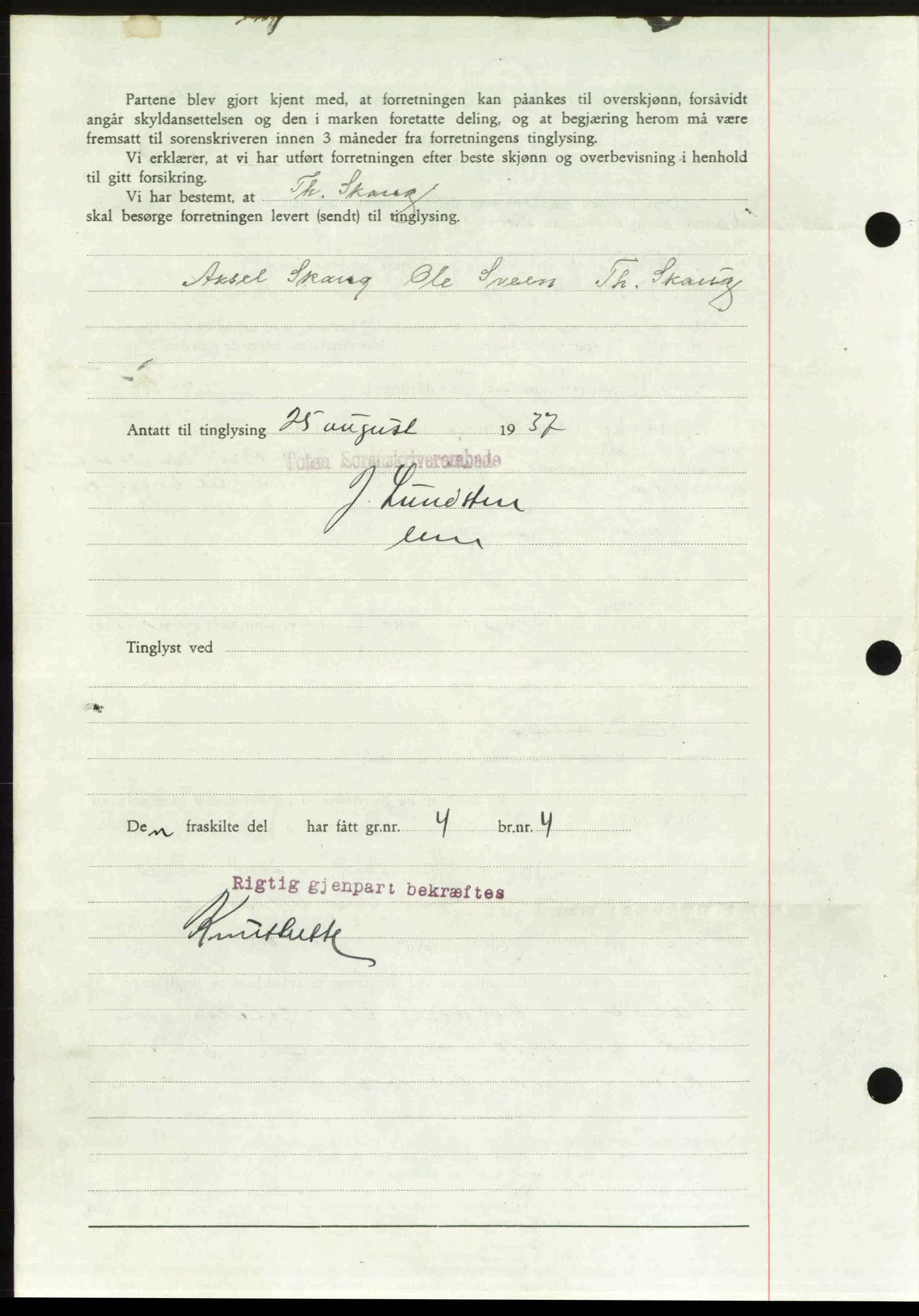 Toten tingrett, SAH/TING-006/H/Hb/Hbc/L0003: Mortgage book no. Hbc-03, 1937-1938, Diary no: : 2020/1937