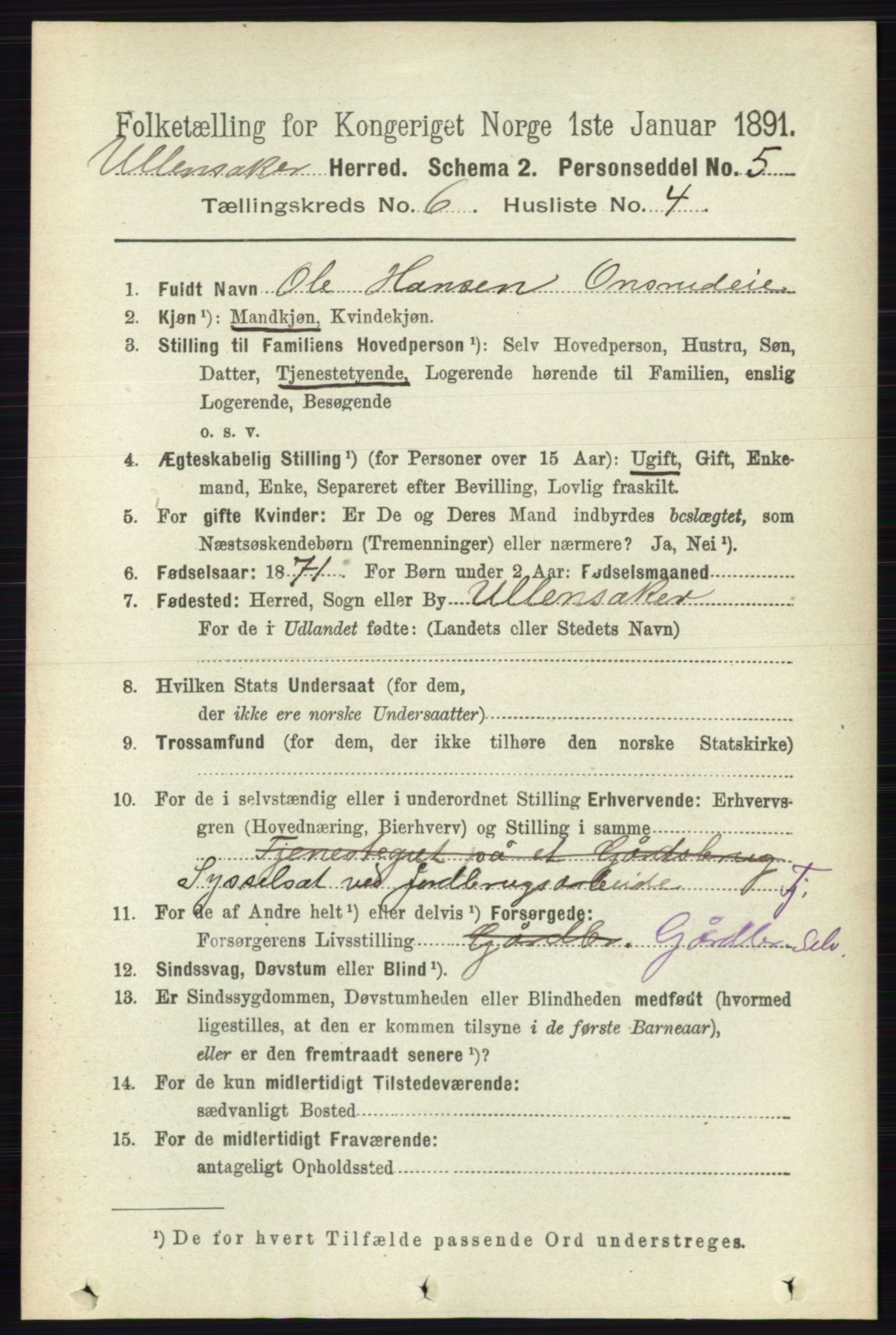 RA, 1891 census for 0235 Ullensaker, 1891, p. 2550