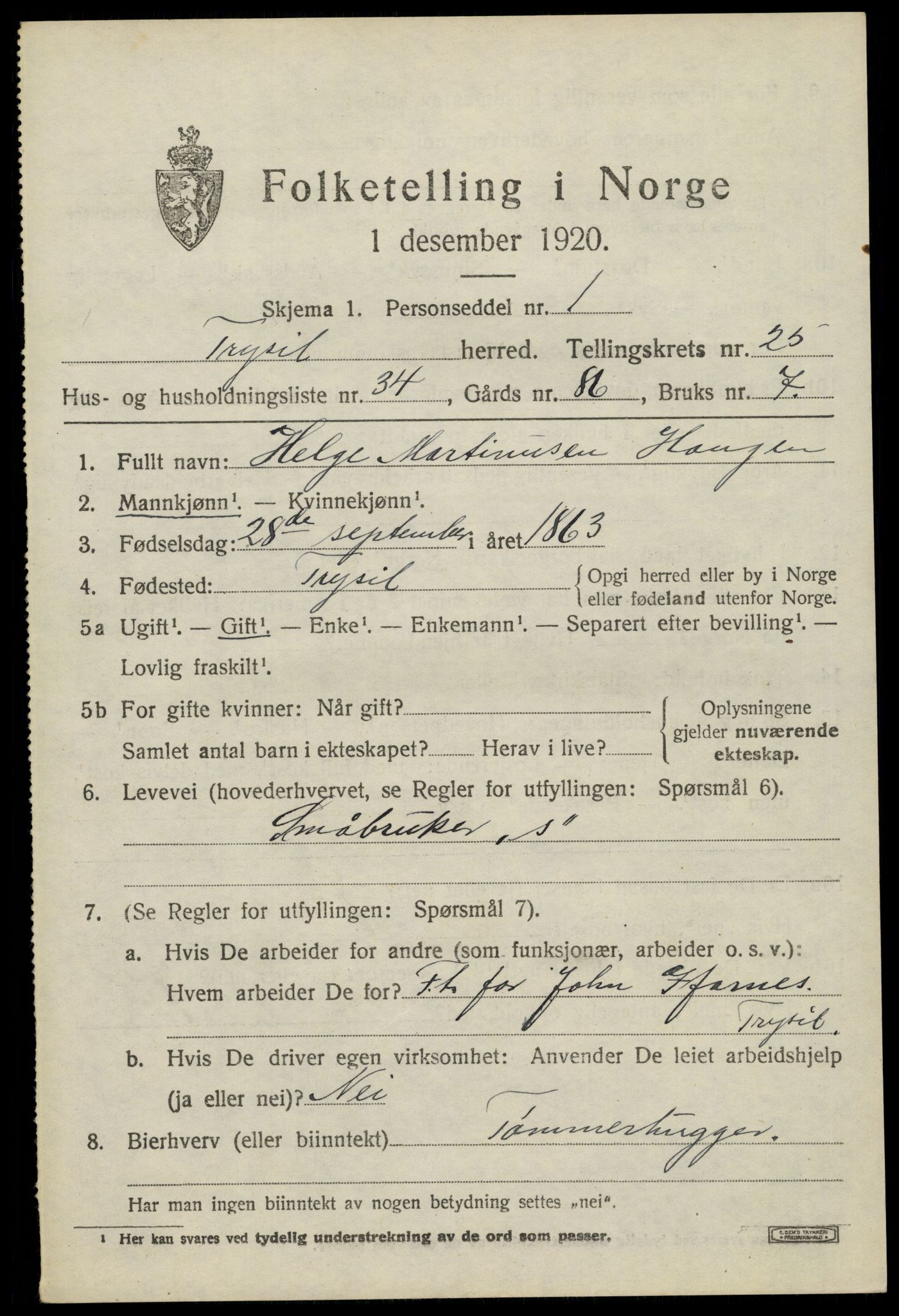 SAH, 1920 census for Trysil, 1920, p. 16093