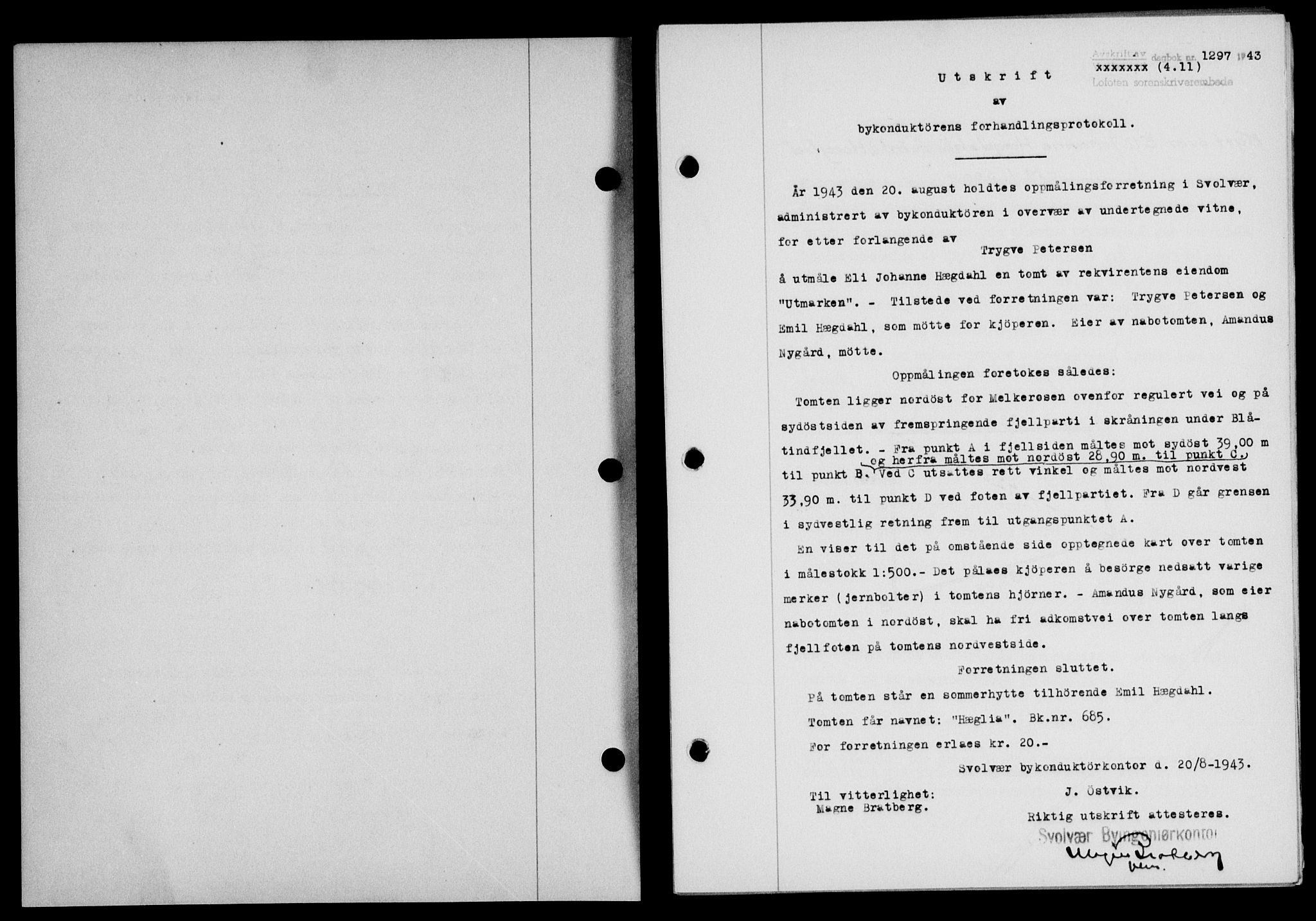 Lofoten sorenskriveri, SAT/A-0017/1/2/2C/L0011a: Mortgage book no. 11a, 1943-1943, Diary no: : 1297/1943