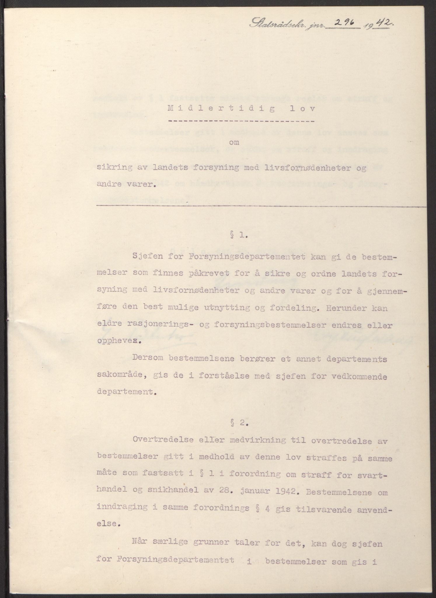 NS-administrasjonen 1940-1945 (Statsrådsekretariatet, de kommisariske statsråder mm), RA/S-4279/D/Db/L0097: Lover I, 1942, p. 175