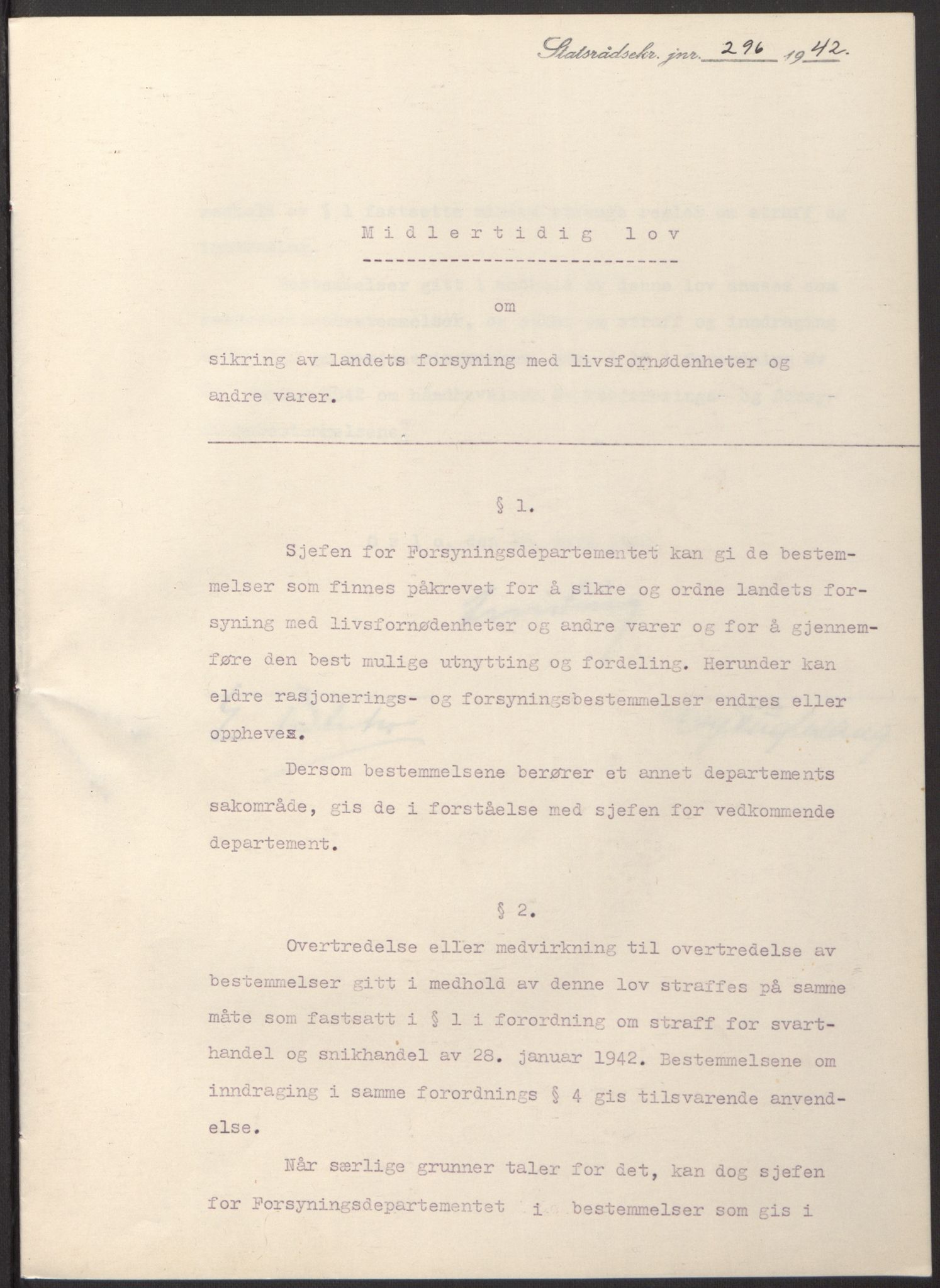 NS-administrasjonen 1940-1945 (Statsrådsekretariatet, de kommisariske statsråder mm), AV/RA-S-4279/D/Db/L0097: Lover I, 1942, p. 175