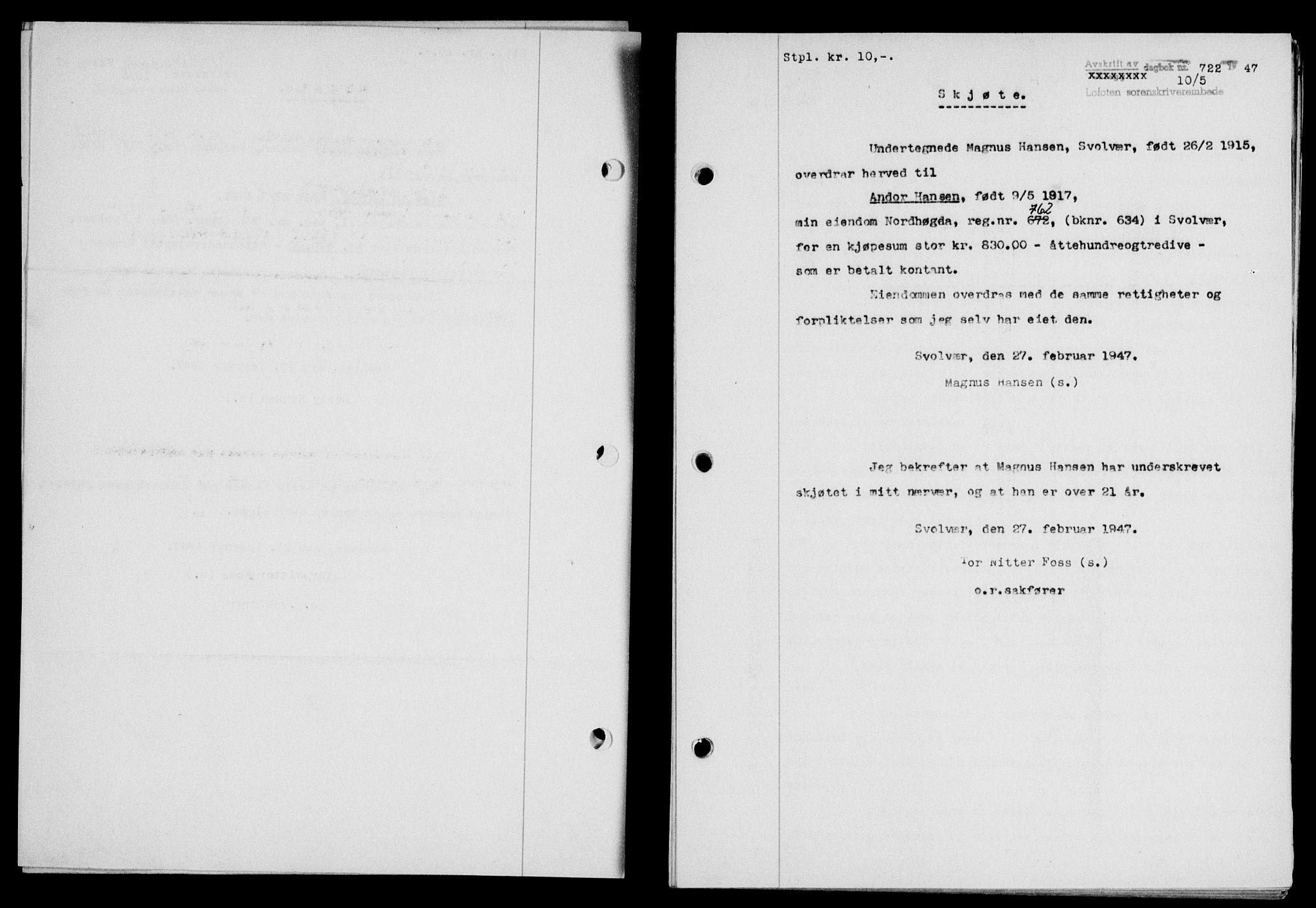 Lofoten sorenskriveri, SAT/A-0017/1/2/2C/L0016a: Mortgage book no. 16a, 1947-1947, Diary no: : 722/1947