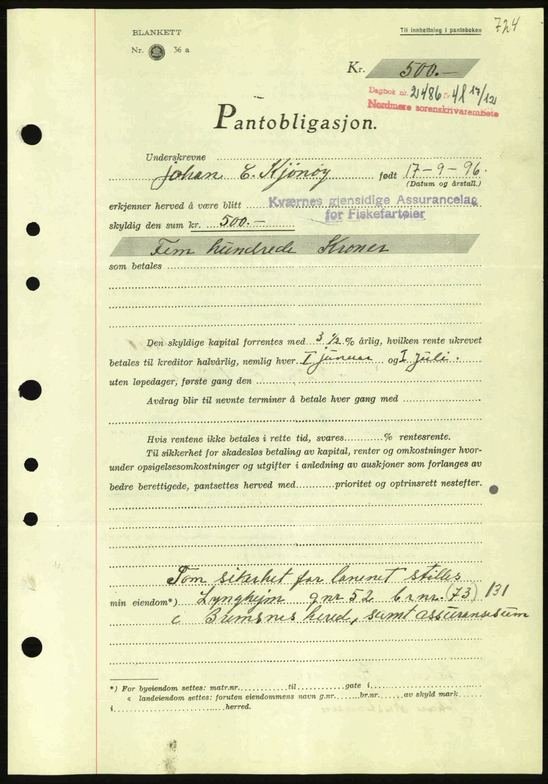 Nordmøre sorenskriveri, AV/SAT-A-4132/1/2/2Ca: Mortgage book no. B88, 1941-1942, Diary no: : 2486/1941