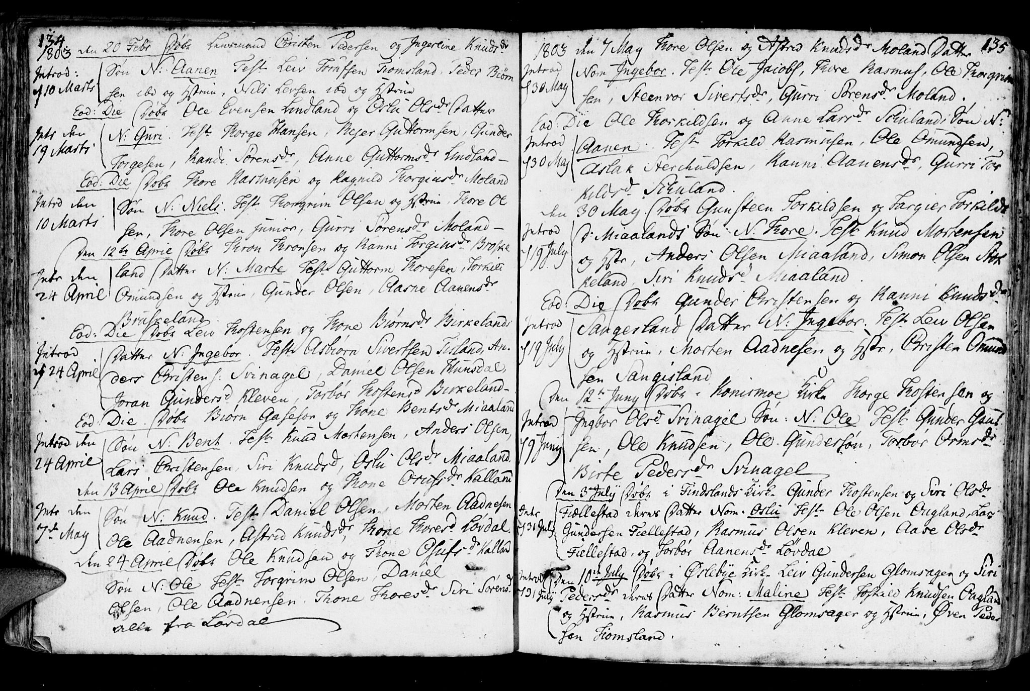 Holum sokneprestkontor, AV/SAK-1111-0022/F/Fa/Fab/L0004: Parish register (official) no. A 4, 1774-1847, p. 134-135