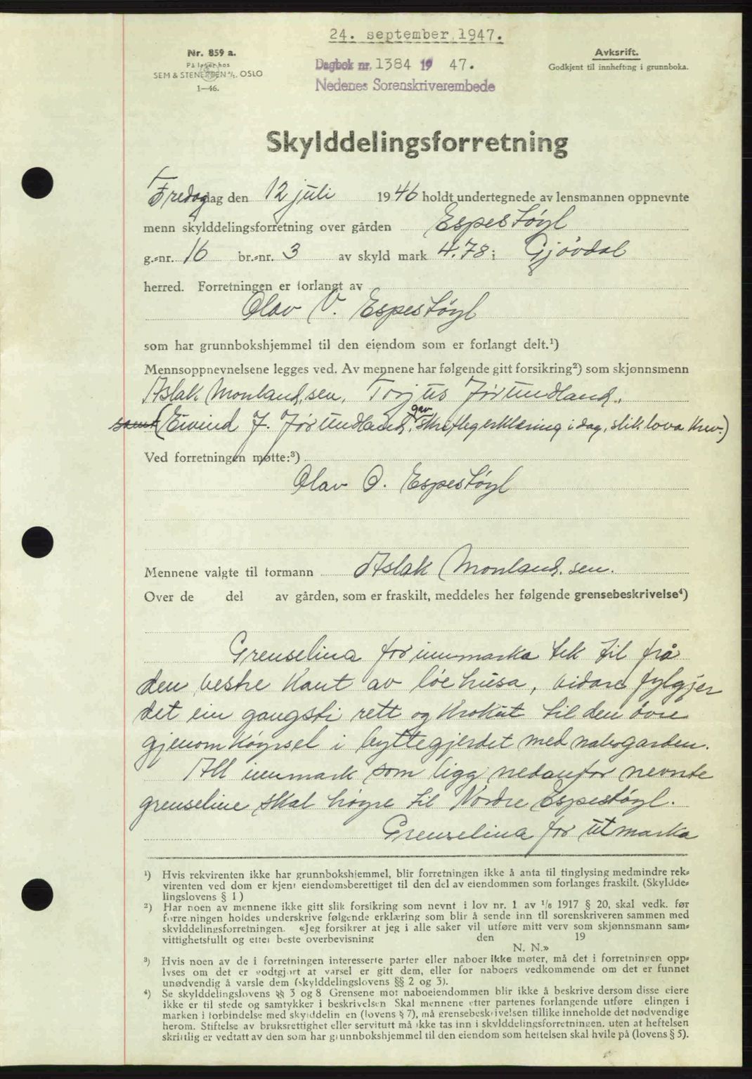 Nedenes sorenskriveri, AV/SAK-1221-0006/G/Gb/Gba/L0058: Mortgage book no. A10, 1947-1948, Diary no: : 1384/1947