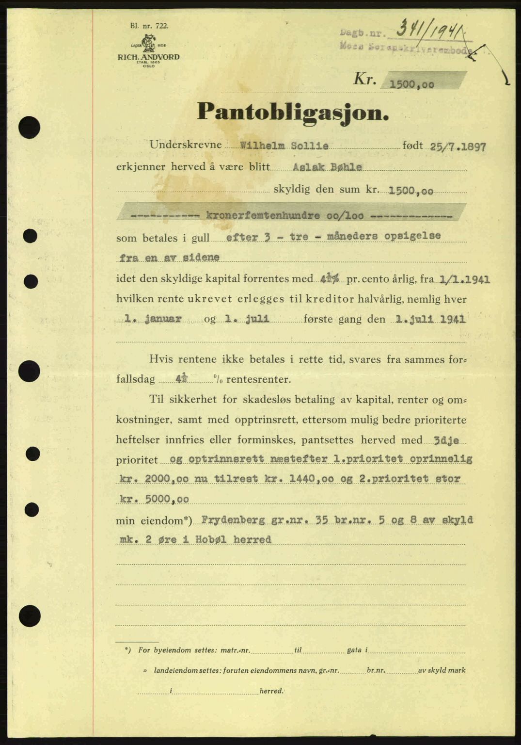 Moss sorenskriveri, SAO/A-10168: Mortgage book no. B10, 1940-1941, Diary no: : 341/1941