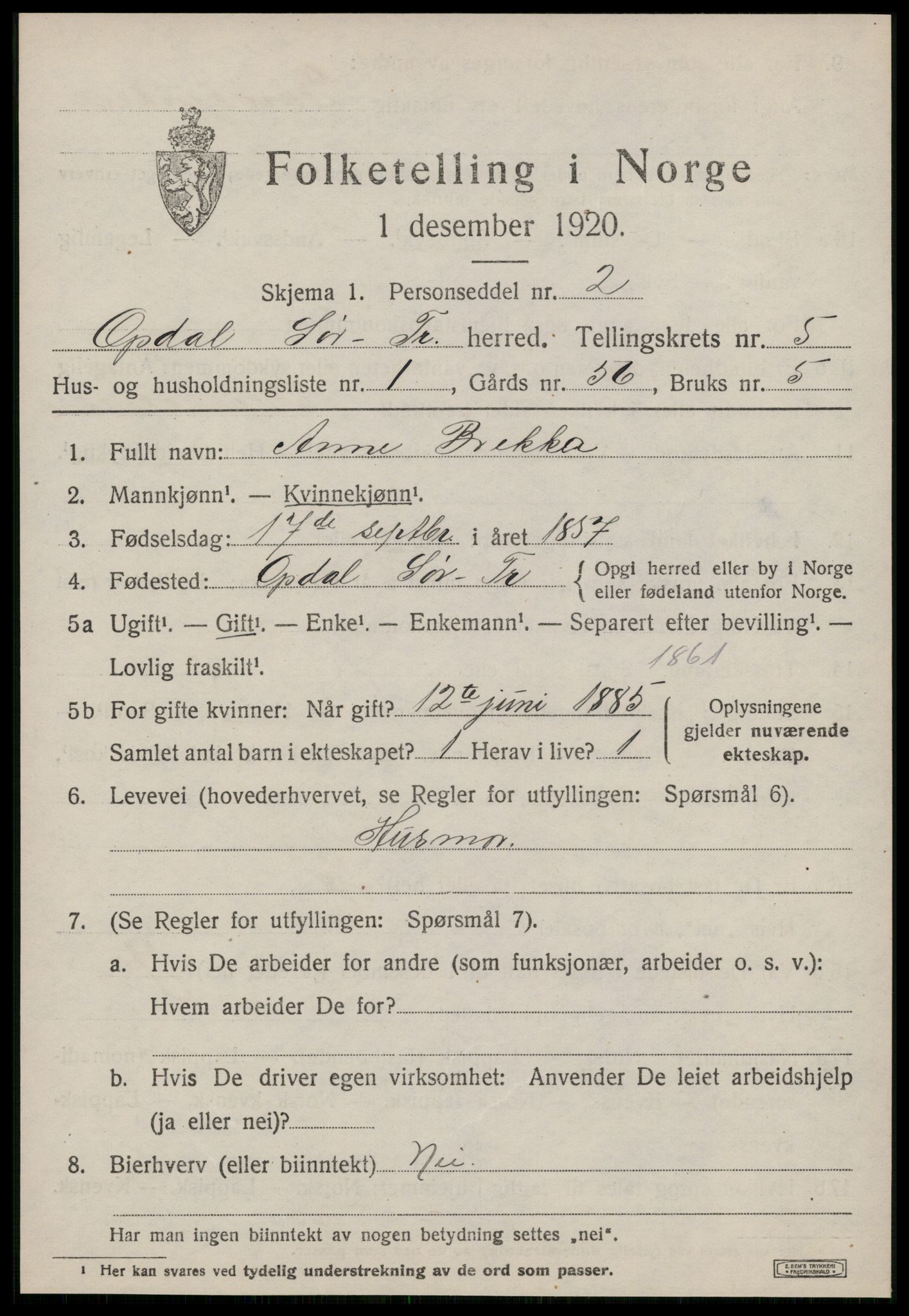 SAT, 1920 census for Oppdal, 1920, p. 4967