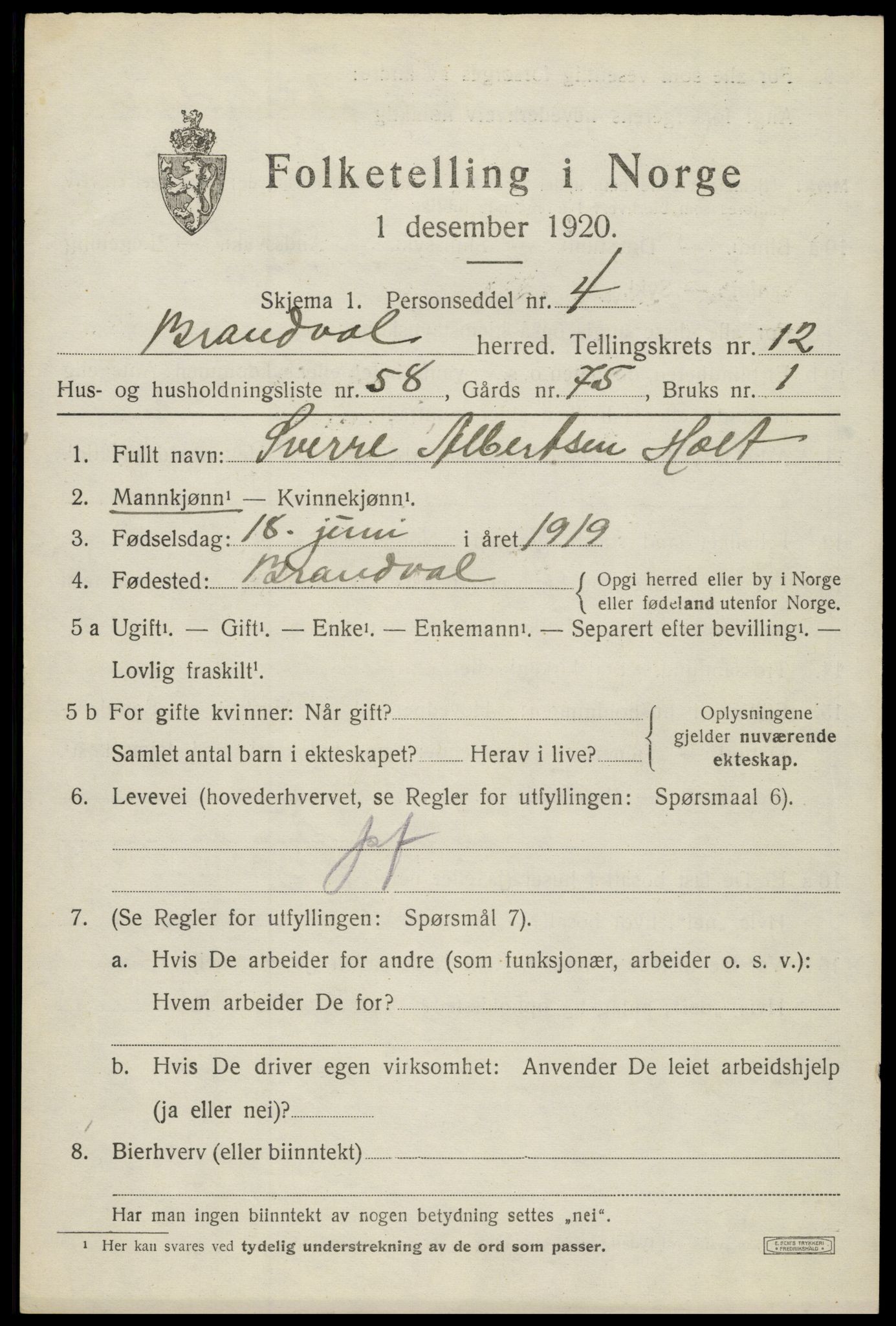 SAH, 1920 census for Brandval, 1920, p. 9136