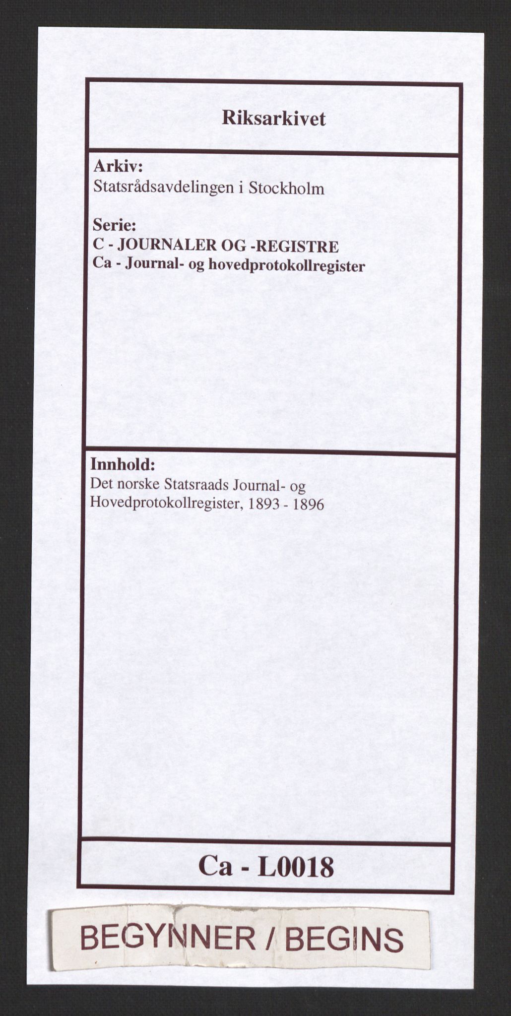 Statsrådsavdelingen i Stockholm, AV/RA-S-1003/C/Ca/L0018: Det norske Statsraads Journal- og Hovedprotokollregister, 1893-1896