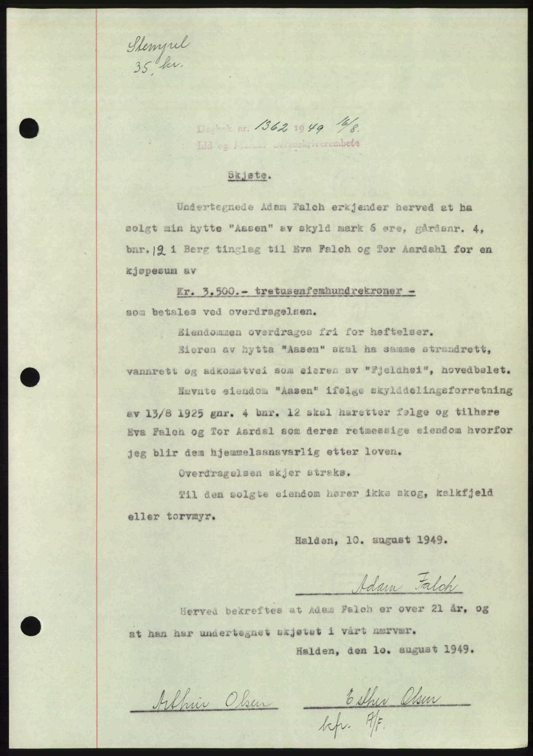 Idd og Marker sorenskriveri, AV/SAO-A-10283/G/Gb/Gbb/L0012: Mortgage book no. A12, 1949-1949, Diary no: : 1362/1949