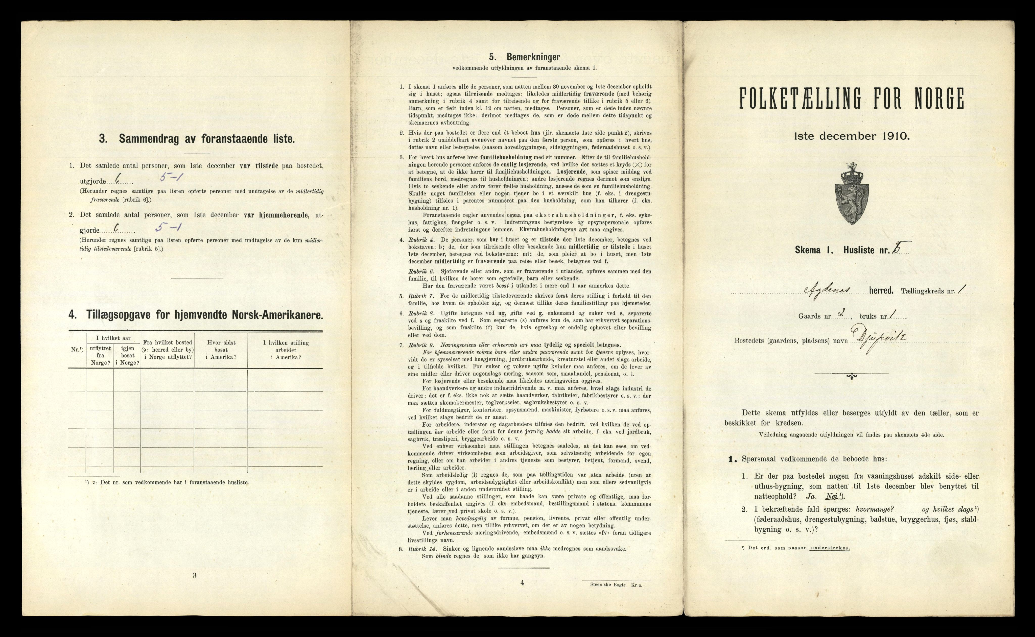 RA, 1910 census for Agdenes, 1910, p. 43