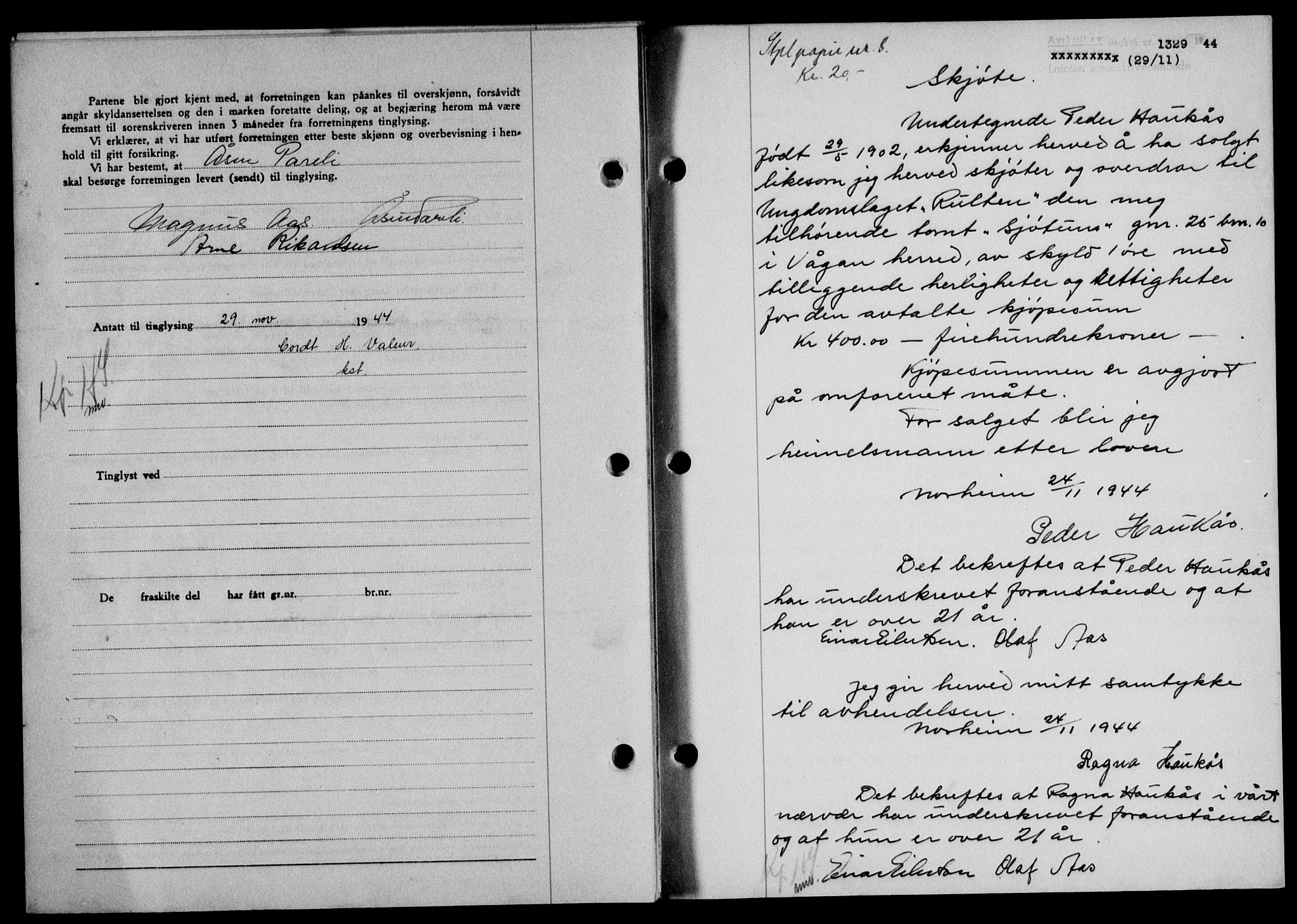 Lofoten sorenskriveri, SAT/A-0017/1/2/2C/L0012a: Mortgage book no. 12a, 1943-1944, Diary no: : 1329/1944
