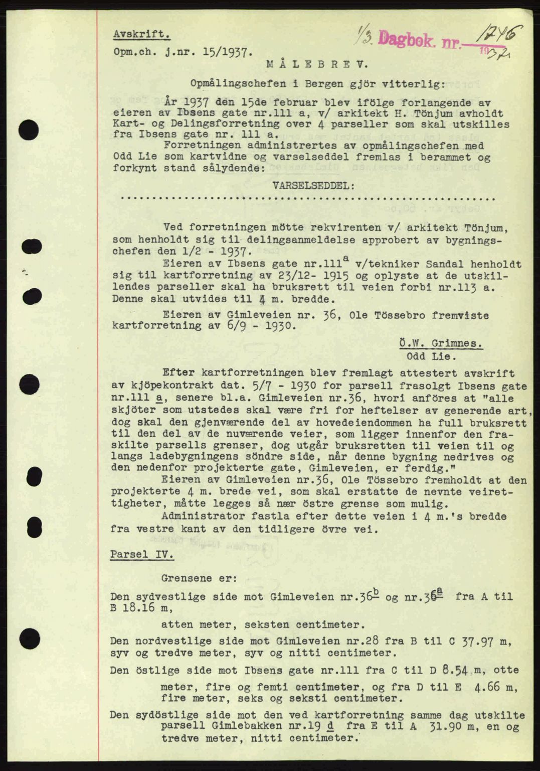 Byfogd og Byskriver i Bergen, SAB/A-3401/03/03Bc/L0004: Mortgage book no. A3-4, 1936-1937, Diary no: : 1746/1937