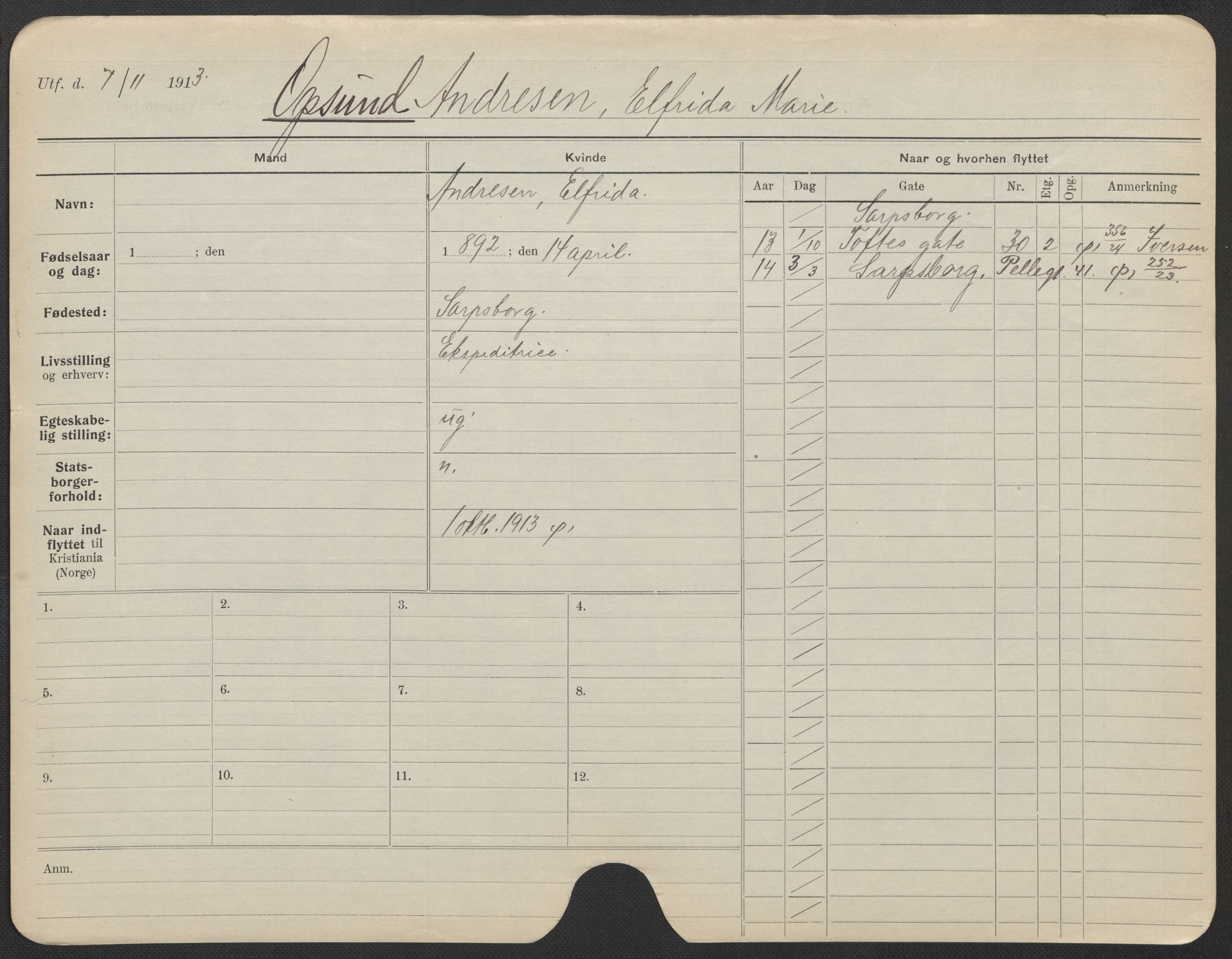 Oslo folkeregister, Registerkort, AV/SAO-A-11715/F/Fa/Fac/L0022: Kvinner, 1906-1914, p. 450a