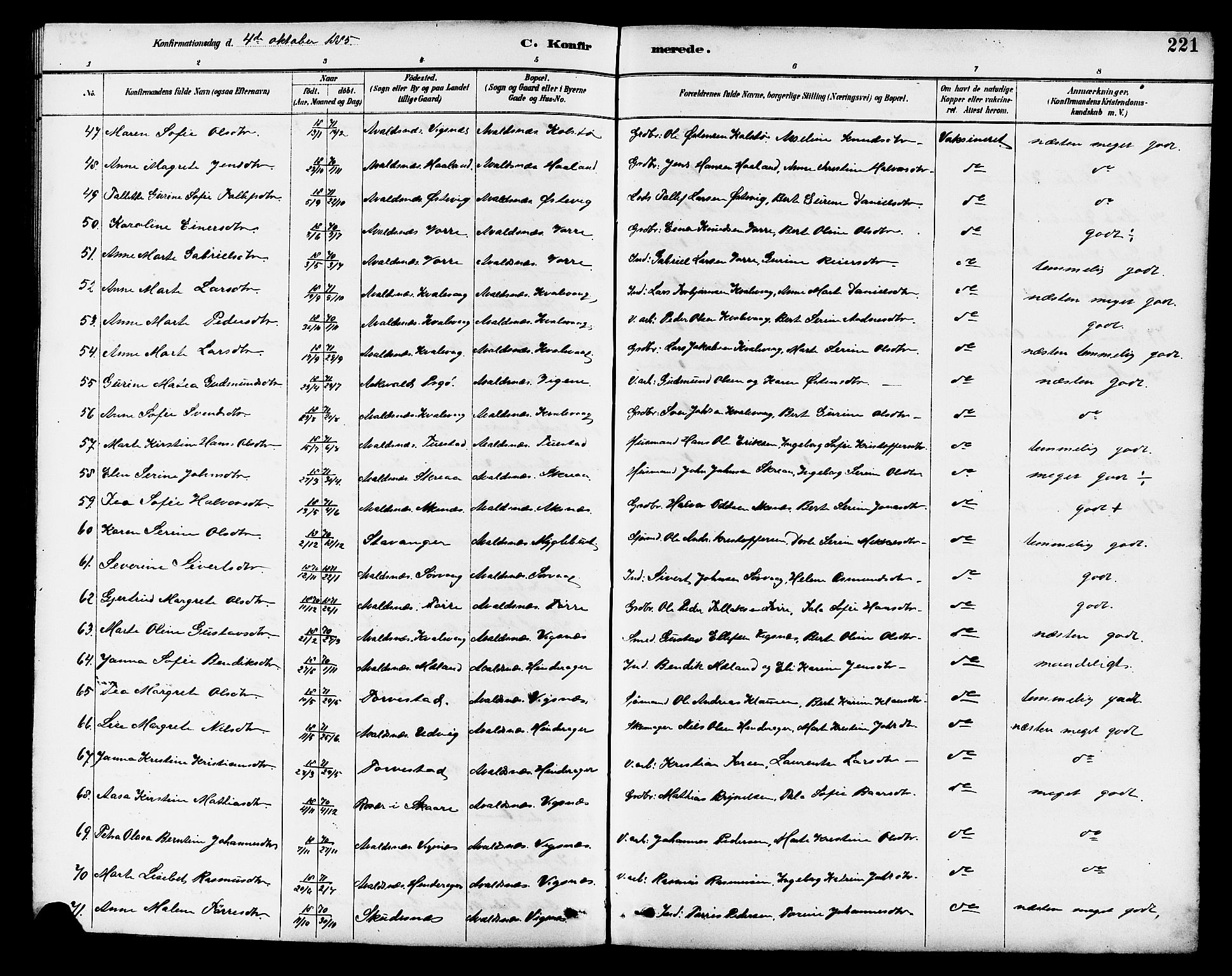 Avaldsnes sokneprestkontor, AV/SAST-A -101851/H/Ha/Hab/L0007: Parish register (copy) no. B 7, 1885-1909, p. 221