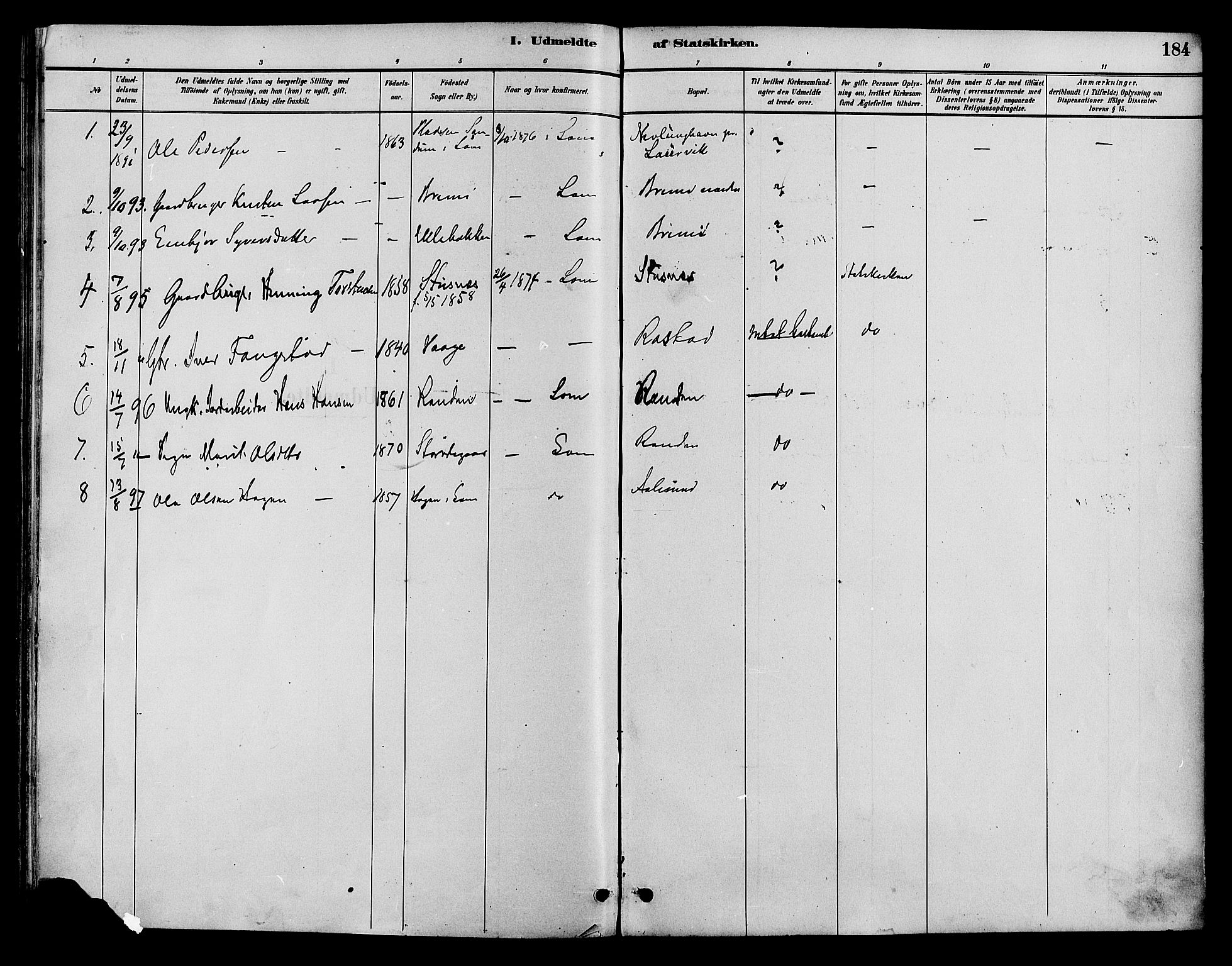Lom prestekontor, SAH/PREST-070/K/L0008: Parish register (official) no. 8, 1885-1898, p. 184