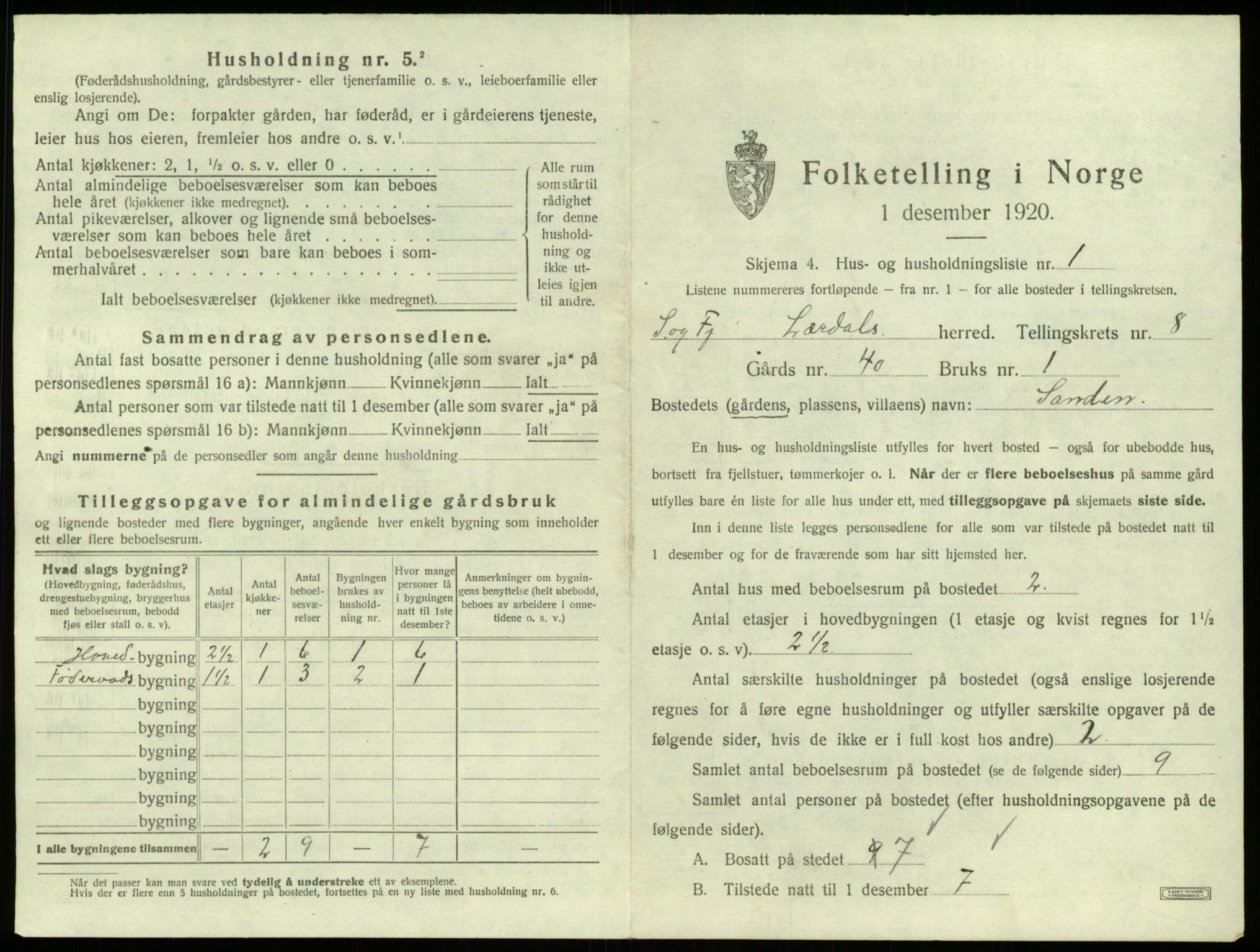 SAB, 1920 census for Lærdal, 1920, p. 716