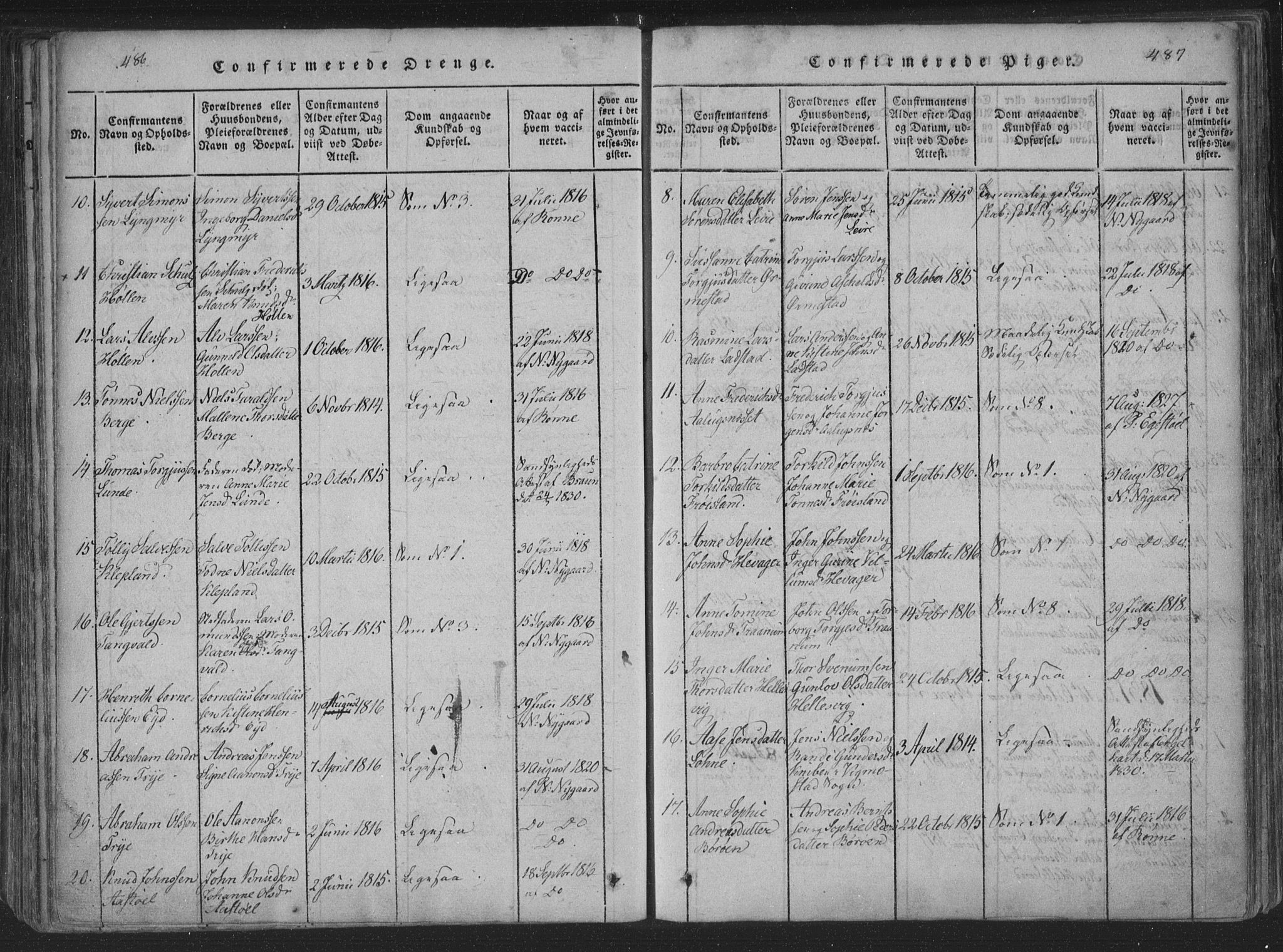 Søgne sokneprestkontor, SAK/1111-0037/F/Fa/Fab/L0008: Parish register (official) no. A 8, 1821-1838, p. 486-487