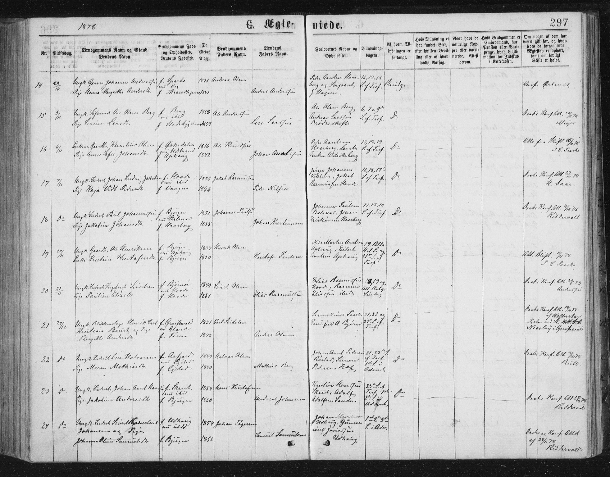 Ministerialprotokoller, klokkerbøker og fødselsregistre - Sør-Trøndelag, AV/SAT-A-1456/659/L0745: Parish register (copy) no. 659C02, 1869-1892, p. 297