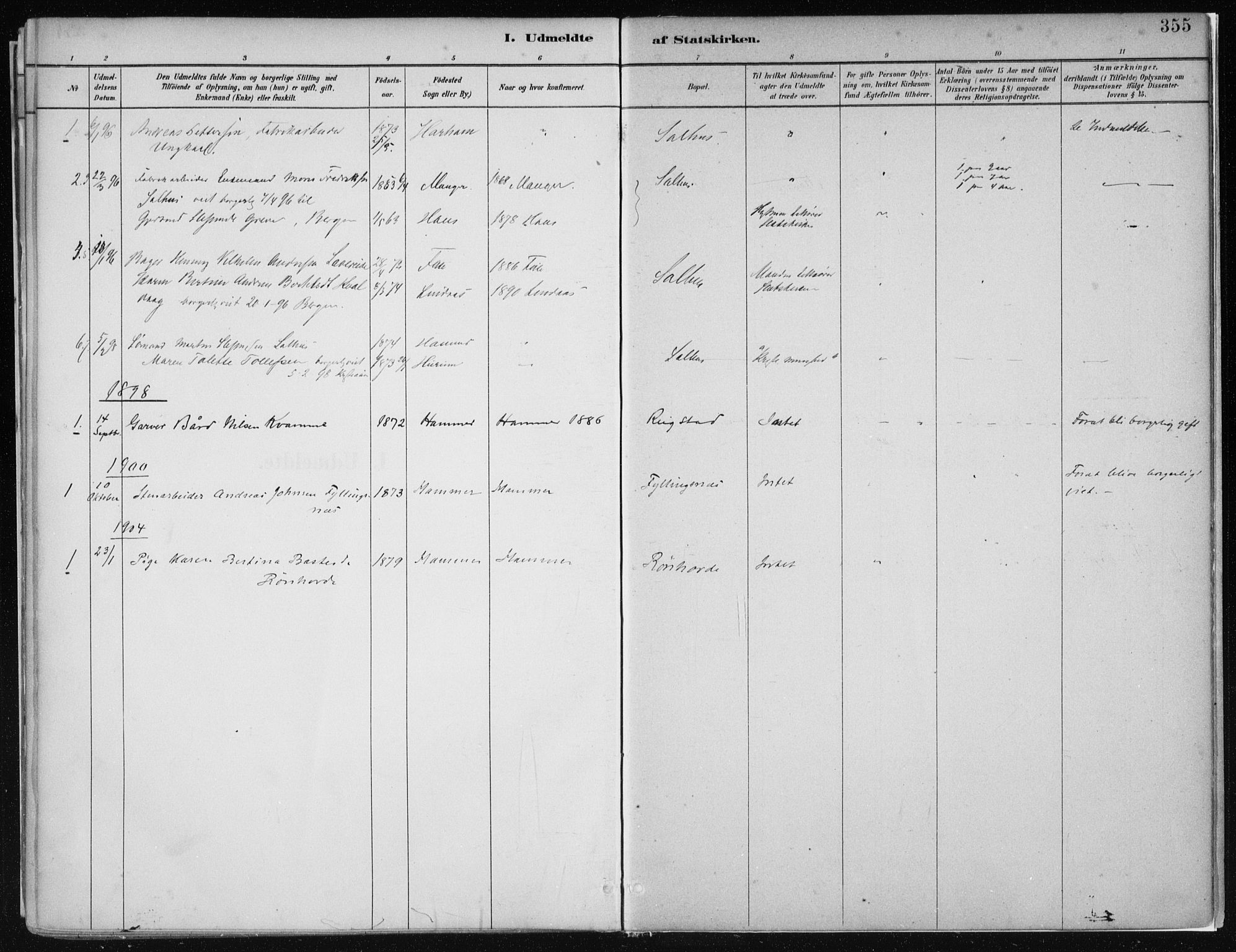 Hamre sokneprestembete, SAB/A-75501/H/Ha/Haa/Haab/L0001: Parish register (official) no. B  1, 1882-1905, p. 355