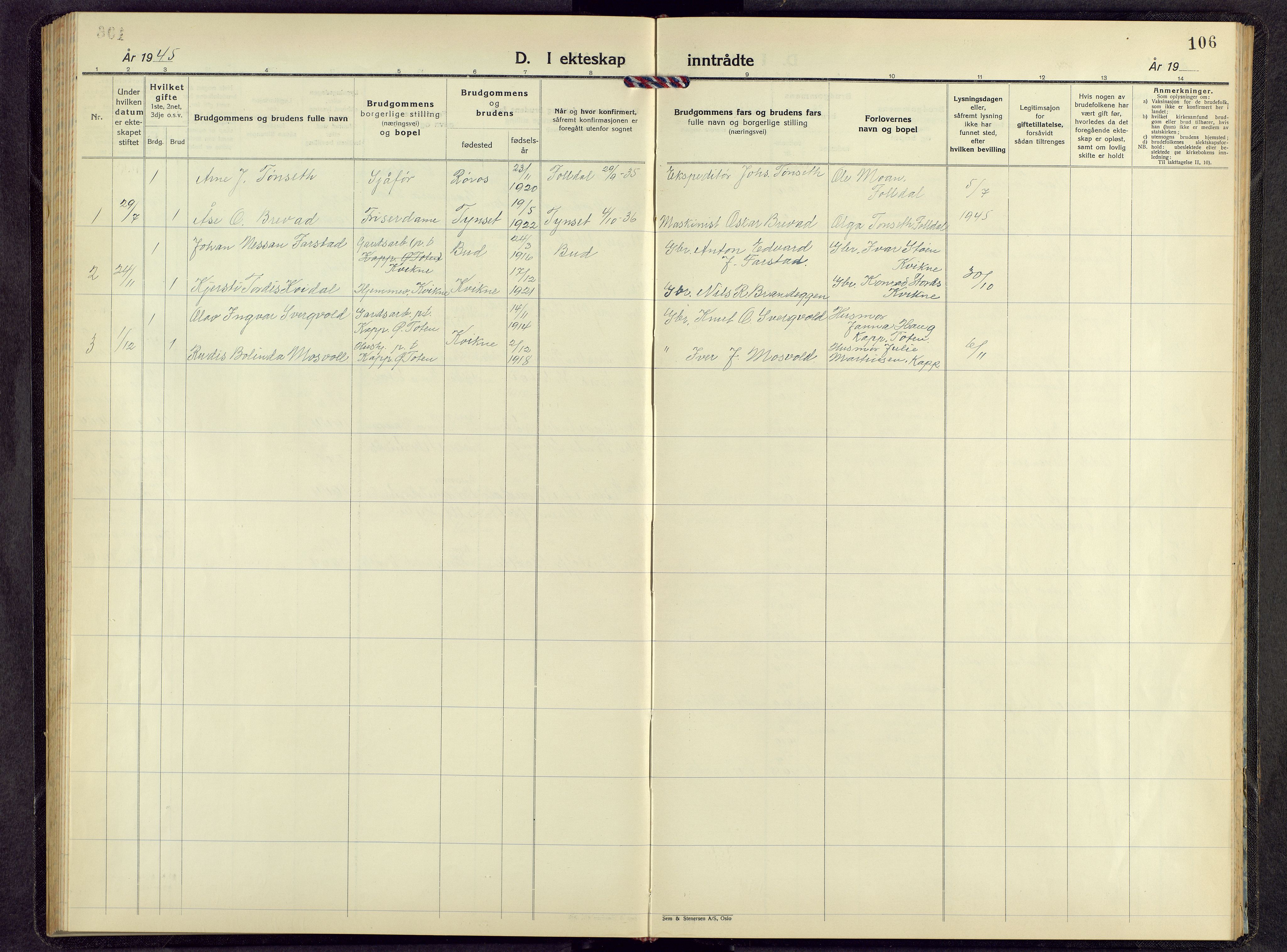 Kvikne prestekontor, AV/SAH-PREST-064/H/Ha/Hab/L0006: Parish register (copy) no. 6, 1944-1965, p. 106