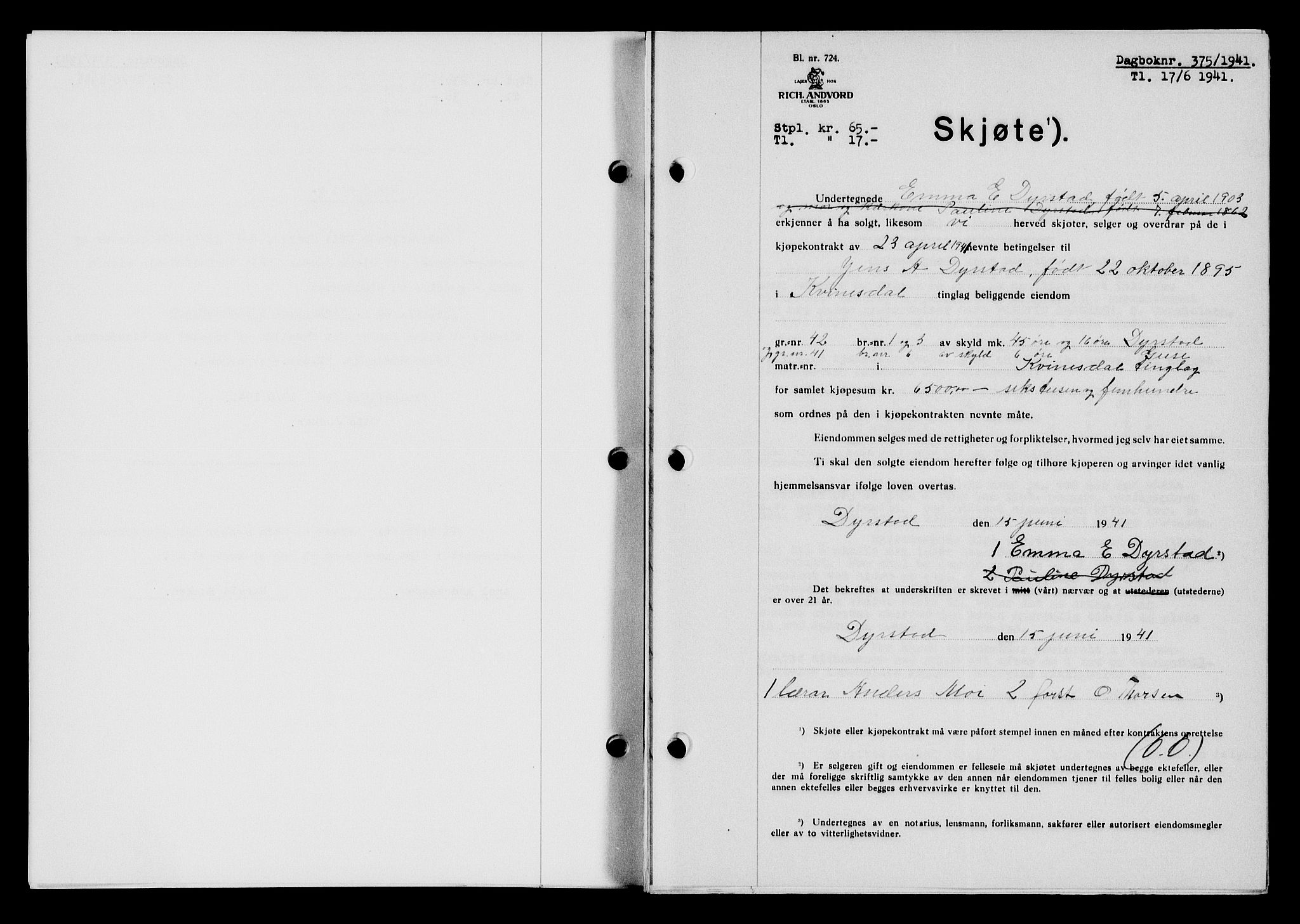 Flekkefjord sorenskriveri, SAK/1221-0001/G/Gb/Gba/L0057: Mortgage book no. A-5, 1941-1942, Diary no: : 375/1941