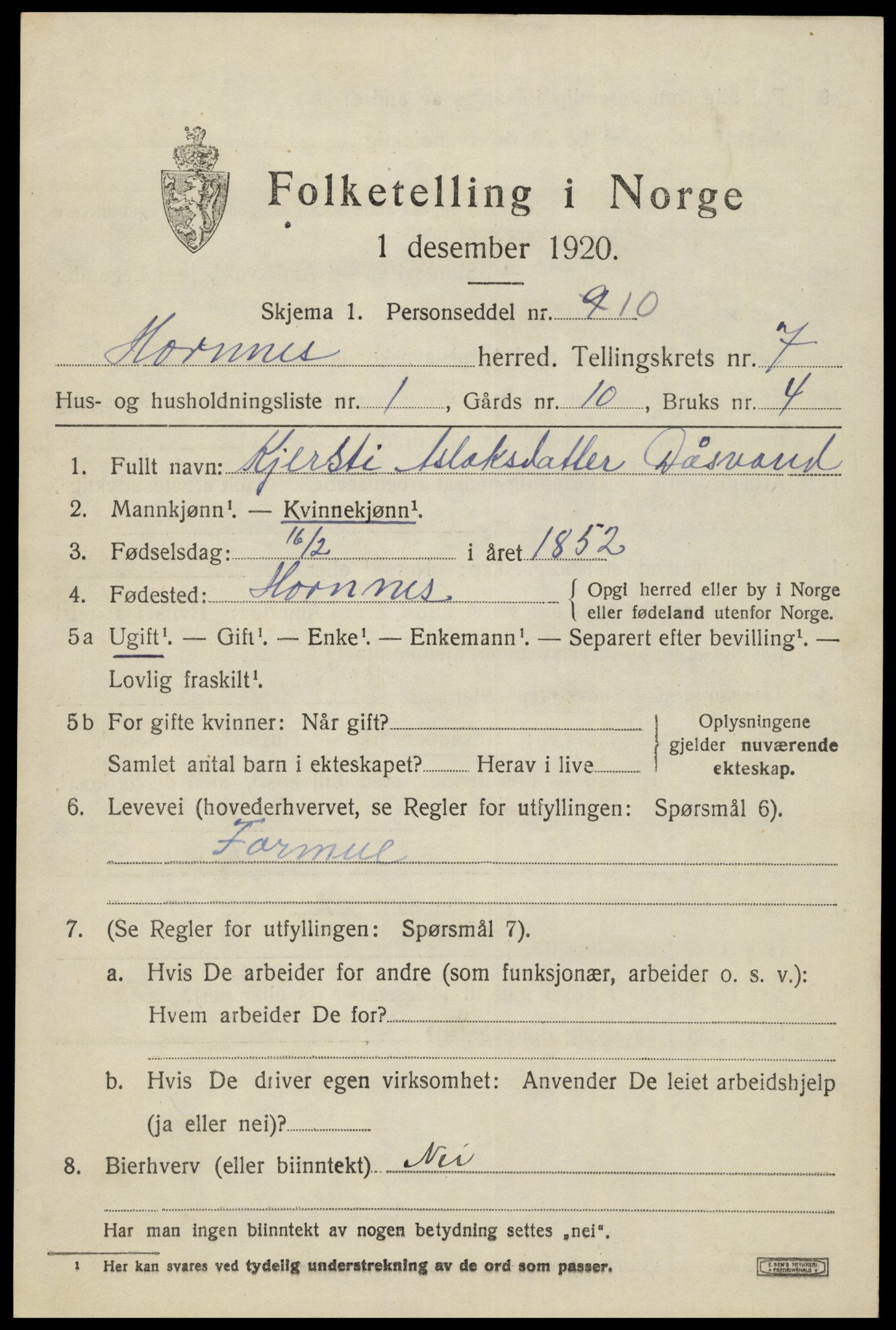 SAK, 1920 census for Hornnes, 1920, p. 1665