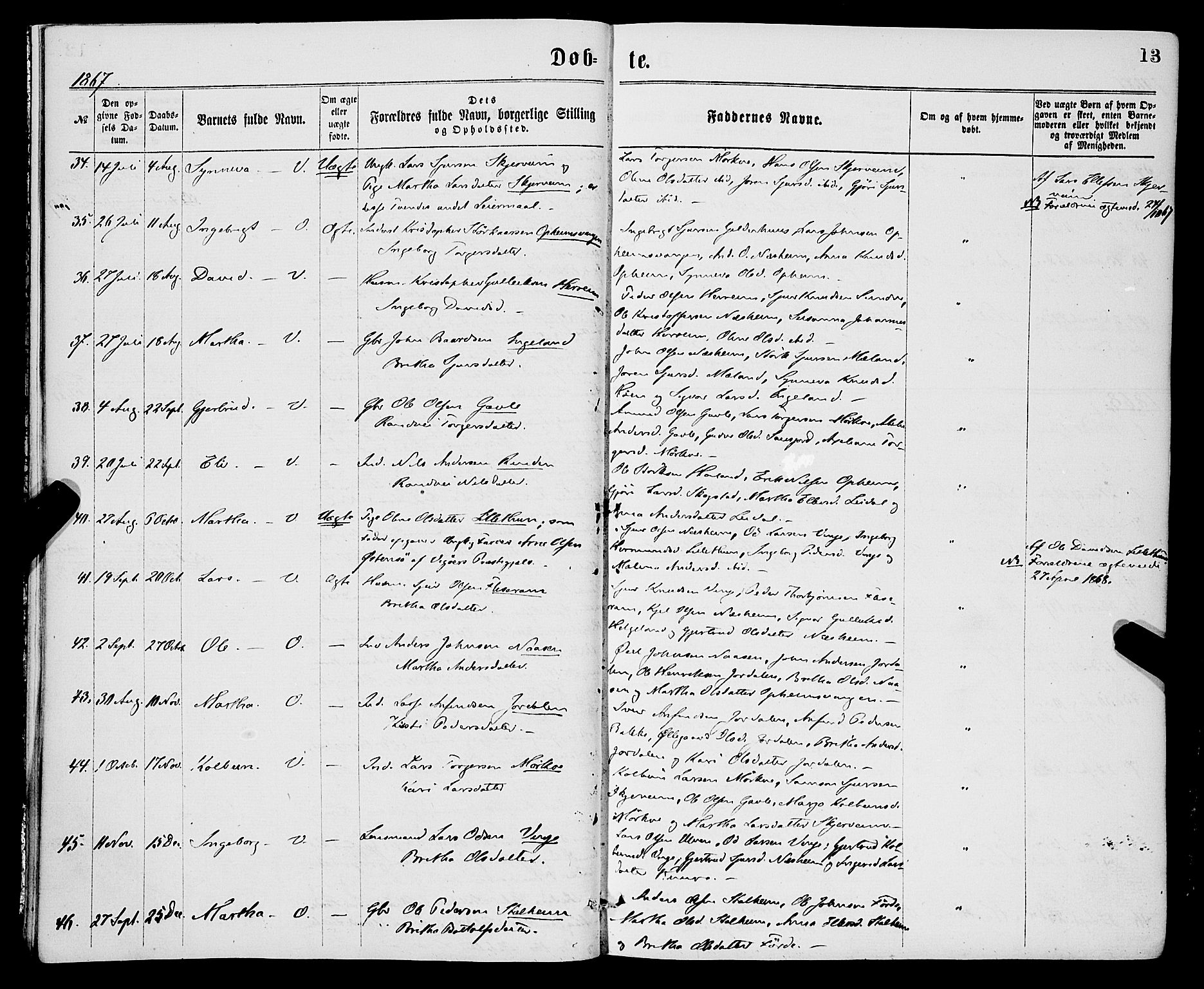 Vossestrand Sokneprestembete, AV/SAB-A-79101/H/Haa: Parish register (official) no. A 1, 1866-1877, p. 13