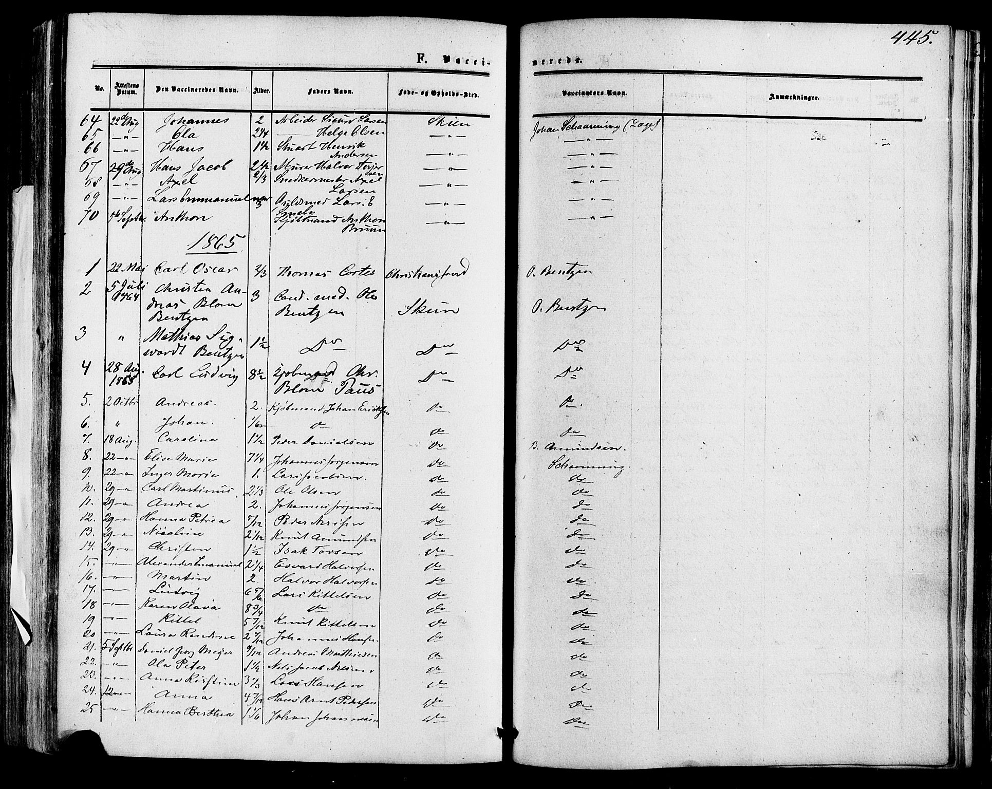 Skien kirkebøker, AV/SAKO-A-302/F/Fa/L0007: Parish register (official) no. 7, 1856-1865, p. 445