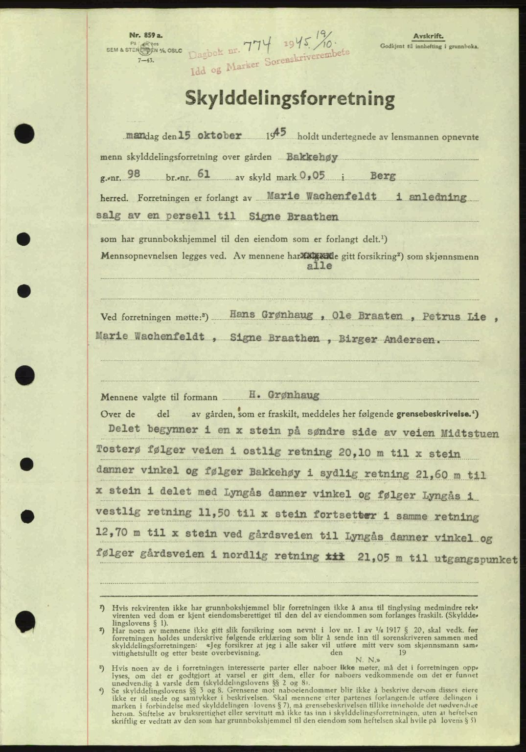 Idd og Marker sorenskriveri, AV/SAO-A-10283/G/Gb/Gbb/L0007: Mortgage book no. A7, 1944-1945, Diary no: : 774/1945