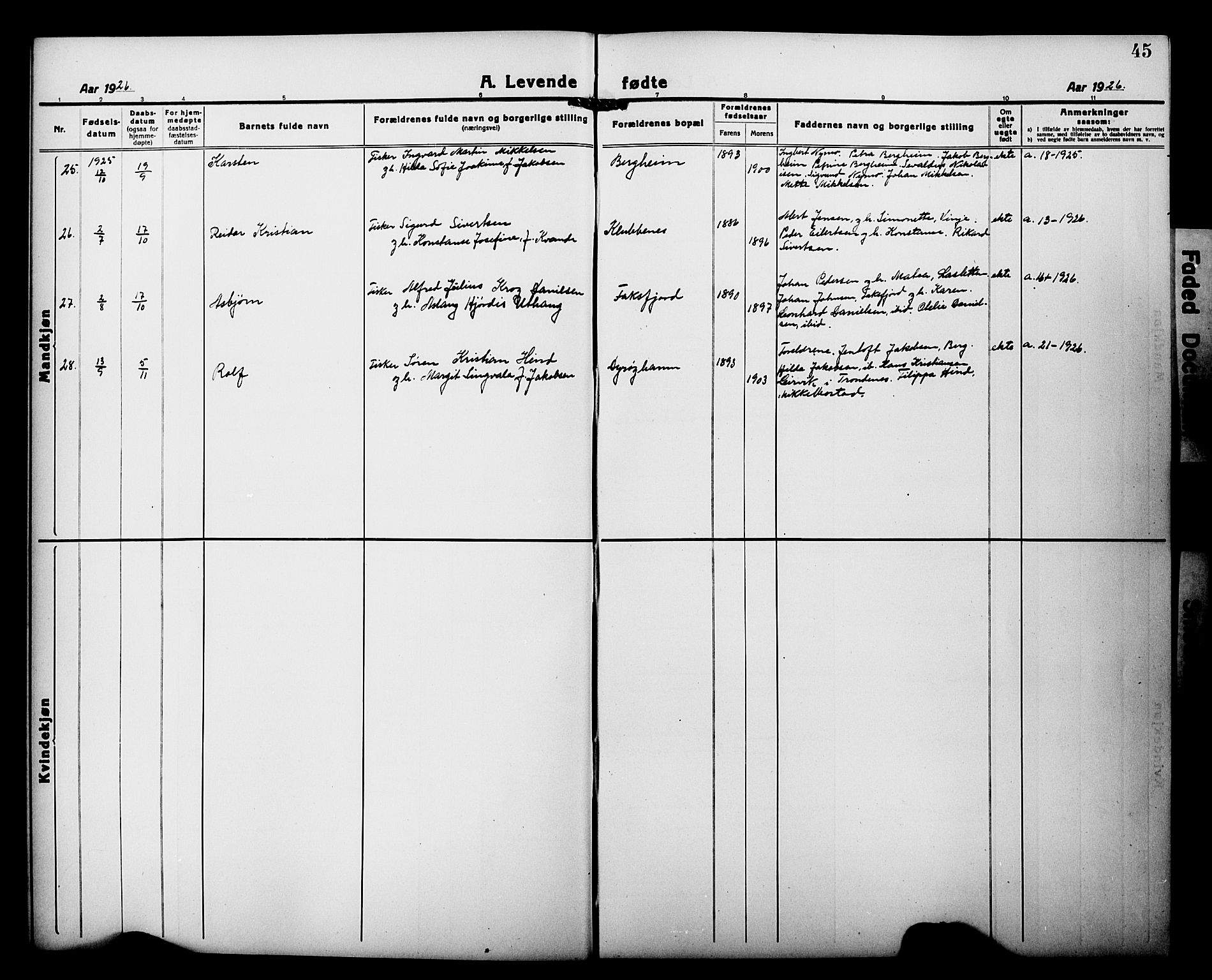 Tranøy sokneprestkontor, AV/SATØ-S-1313/I/Ia/Iab/L0015klokker: Parish register (copy) no. 15, 1918-1930, p. 45