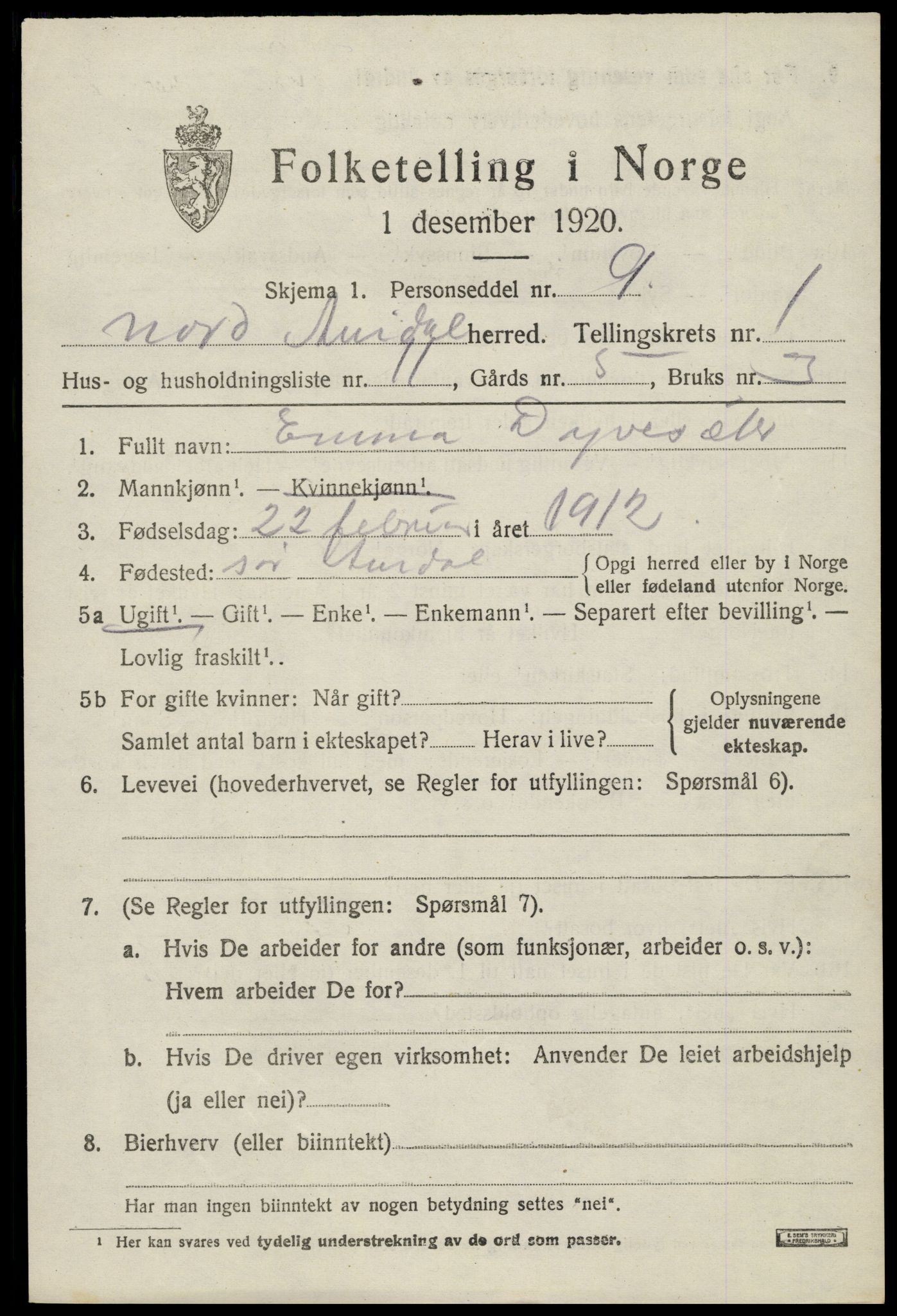 SAH, 1920 census for Nord-Aurdal, 1920, p. 2008