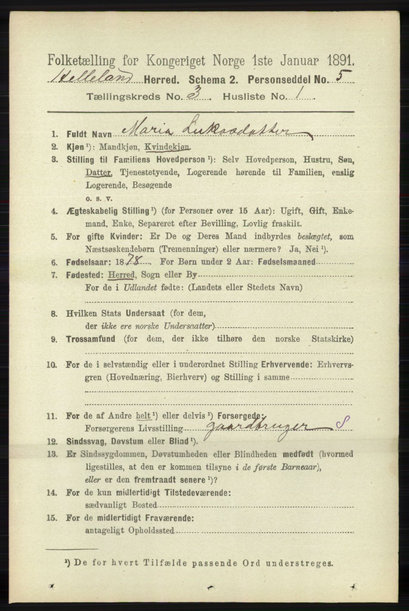 RA, 1891 census for 1115 Helleland, 1891, p. 843