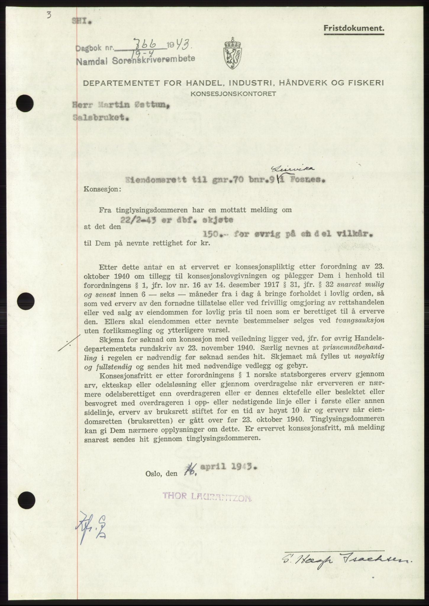Namdal sorenskriveri, SAT/A-4133/1/2/2C: Mortgage book no. -, 1942-1943, Diary no: : 766/1943
