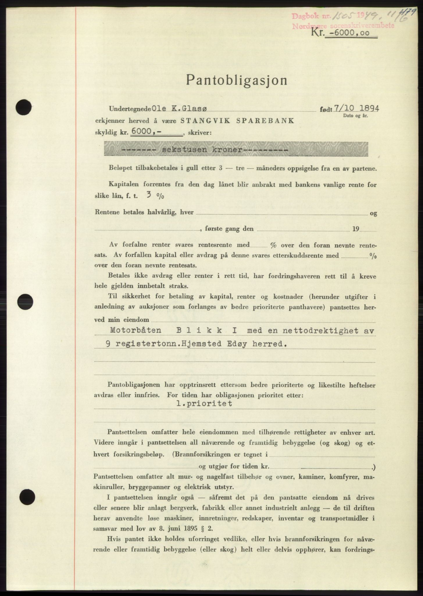 Nordmøre sorenskriveri, AV/SAT-A-4132/1/2/2Ca: Mortgage book no. B101, 1949-1949, Diary no: : 1505/1949