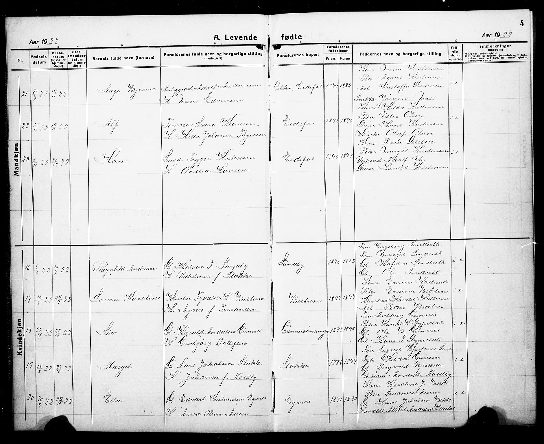 Hof kirkebøker, SAKO/A-64/G/Ga/L0006: Parish register (copy) no. I 6, 1922-1930, p. 4