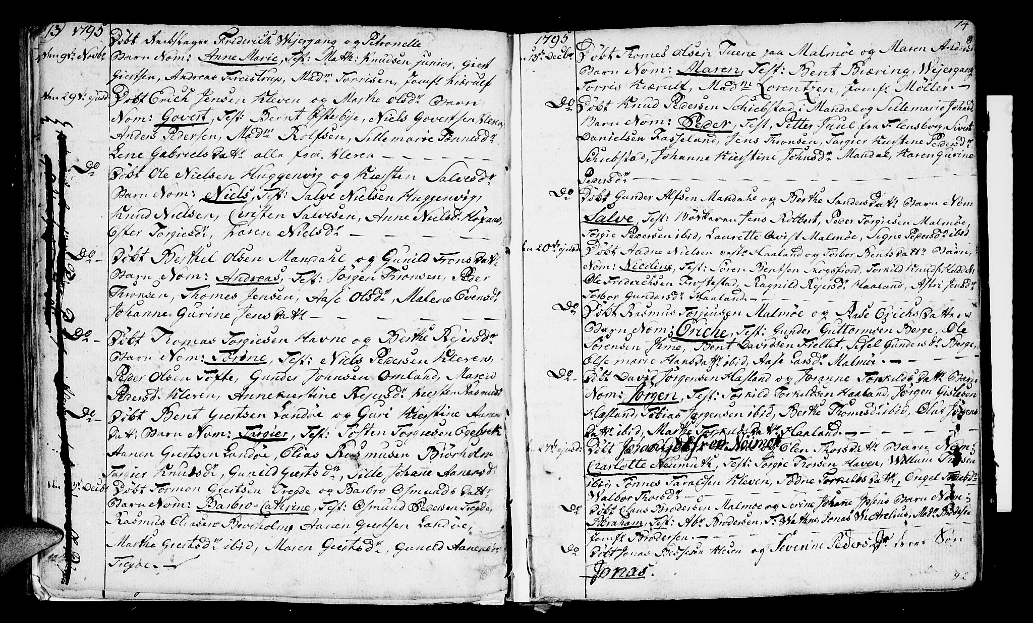 Mandal sokneprestkontor, AV/SAK-1111-0030/F/Fa/Faa/L0008: Parish register (official) no. A 8, 1794-1817, p. 13-14